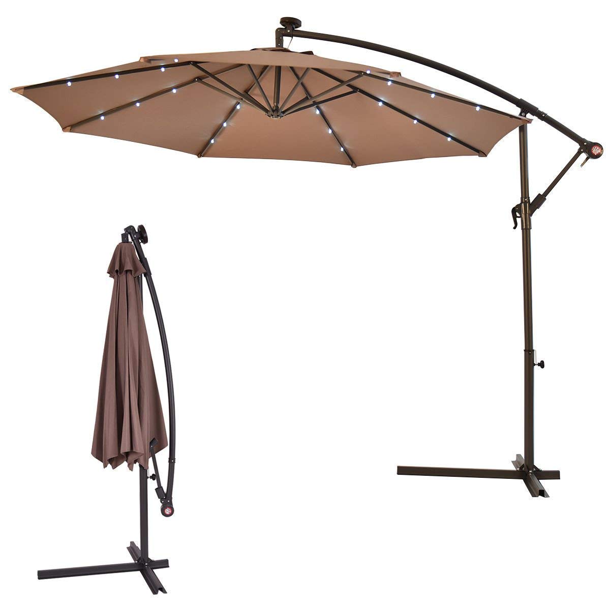 10ft LED Umbrella with Cross Base & Hanging Cover - Waterproof Patio Umbrella for Sun & Rain Protection - Perfect for Backyard, Poolside, Garden, Beach (Tan) - Ideal for Outdoor Dining, Lounging & Shade