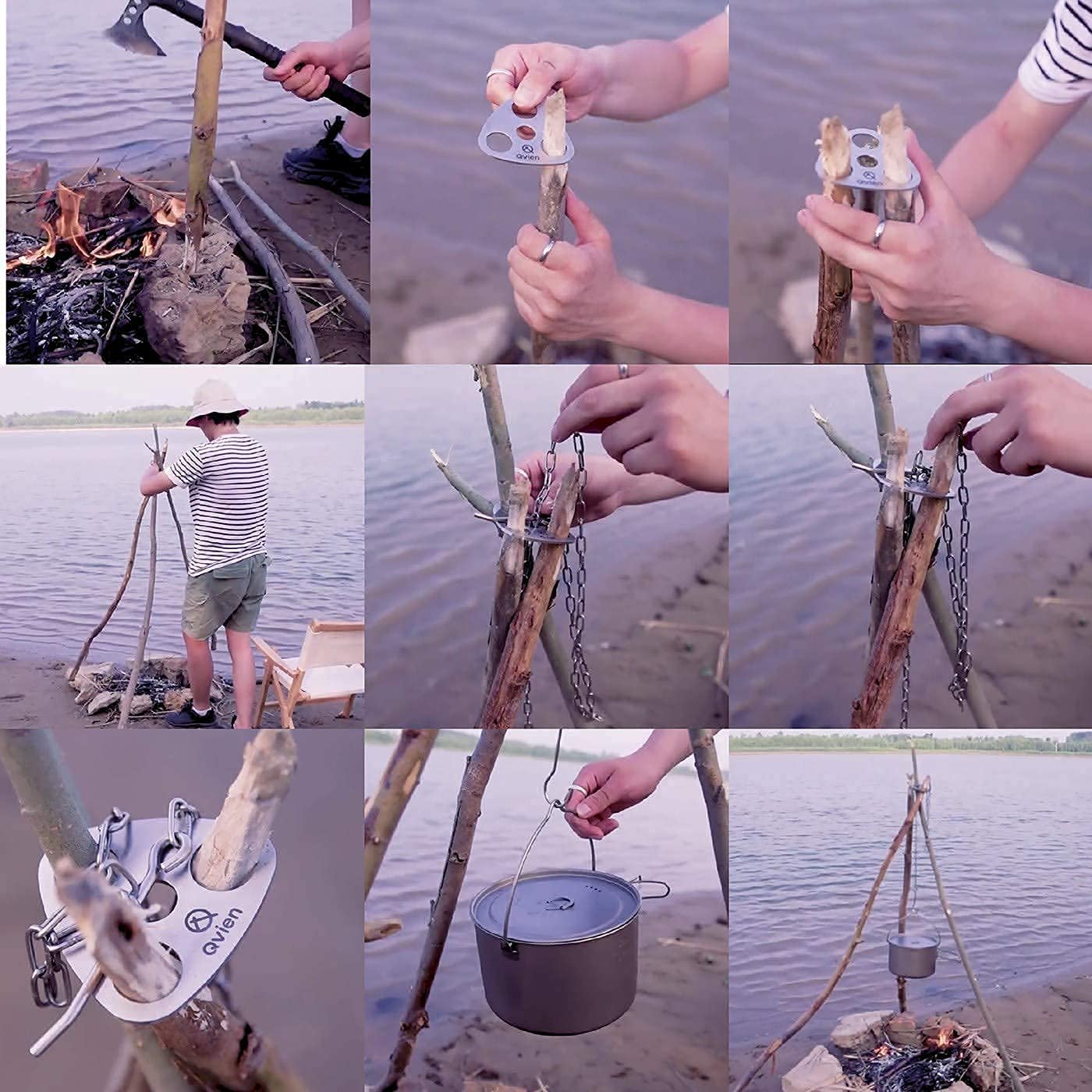 **Adjustable Camping Tripod & Grill Plate with Chain, Hook & Storage Bag - Portable Firepit Cooking Gear for Dutch Oven, Hiking & Outdoor Camping Adventures**    *(Perfect for Campfire Cooking, Backpacking Trips, Picnics & BBQ Gatherings!)*