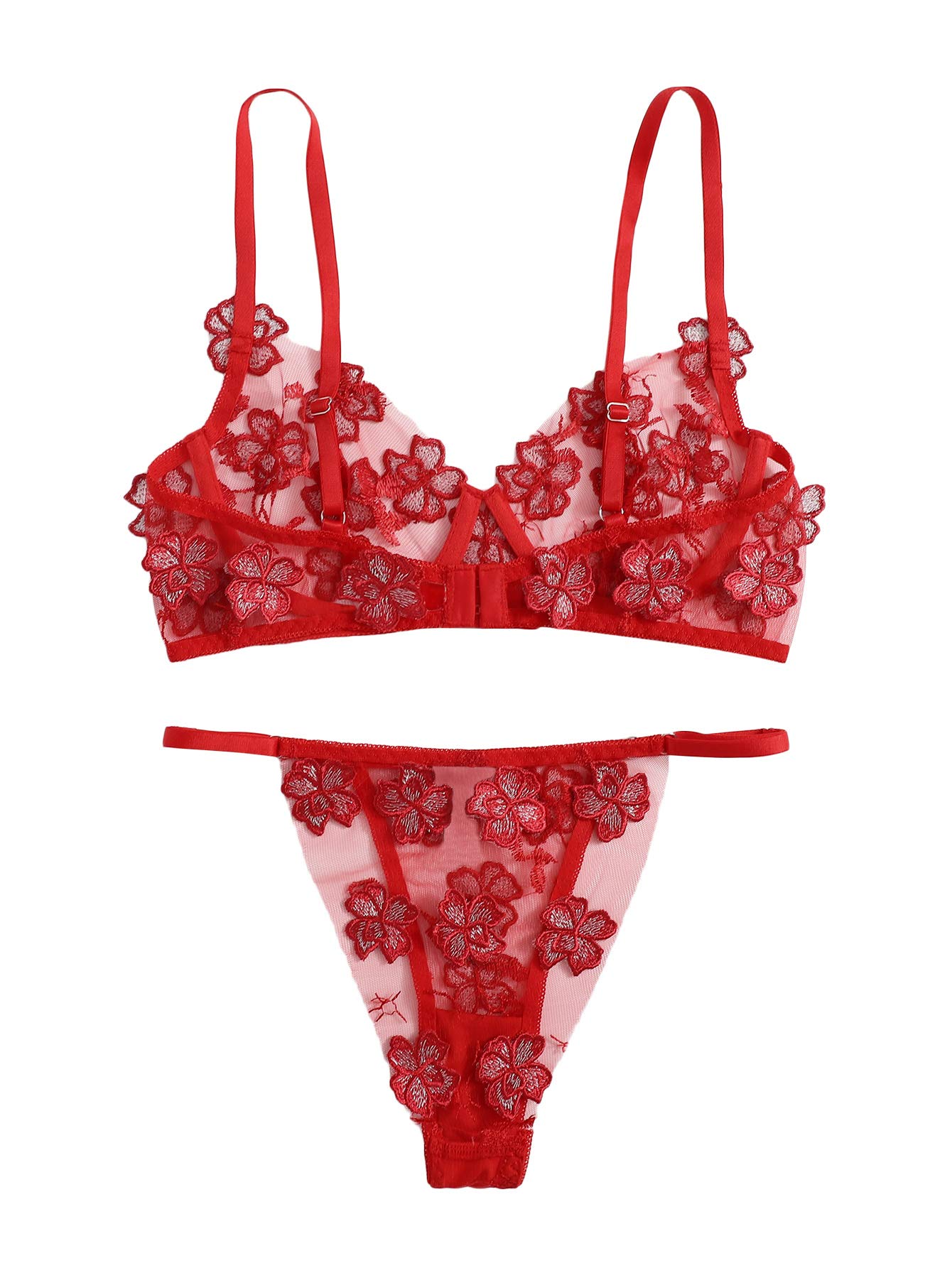Floerns Women's Sexy Applique Lace Underwire Push Up Bra & G-String Thong Lingerie Set for Valentine's Day, Date Night & Boudoir Photography