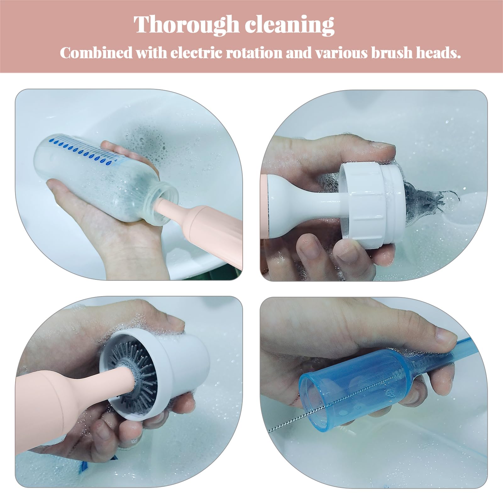 USB Rechargeable Electric Cleaning Brush Set - 3 Replaceable Silicone Bottle Brushes & Straw Cleaner - Perfect for Baby Bottles, Kitchenware & Travel Mugs (Pink) | Ideal for New Parents, Home Cleaning & Dishwashing