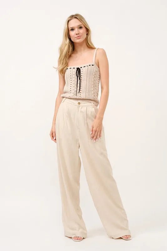 High Rise Wide Leg Linen Blend Pants for Women - Summer Comfort Stretch Trousers with Elastic Waist | Casual, Office & Vacation Wear