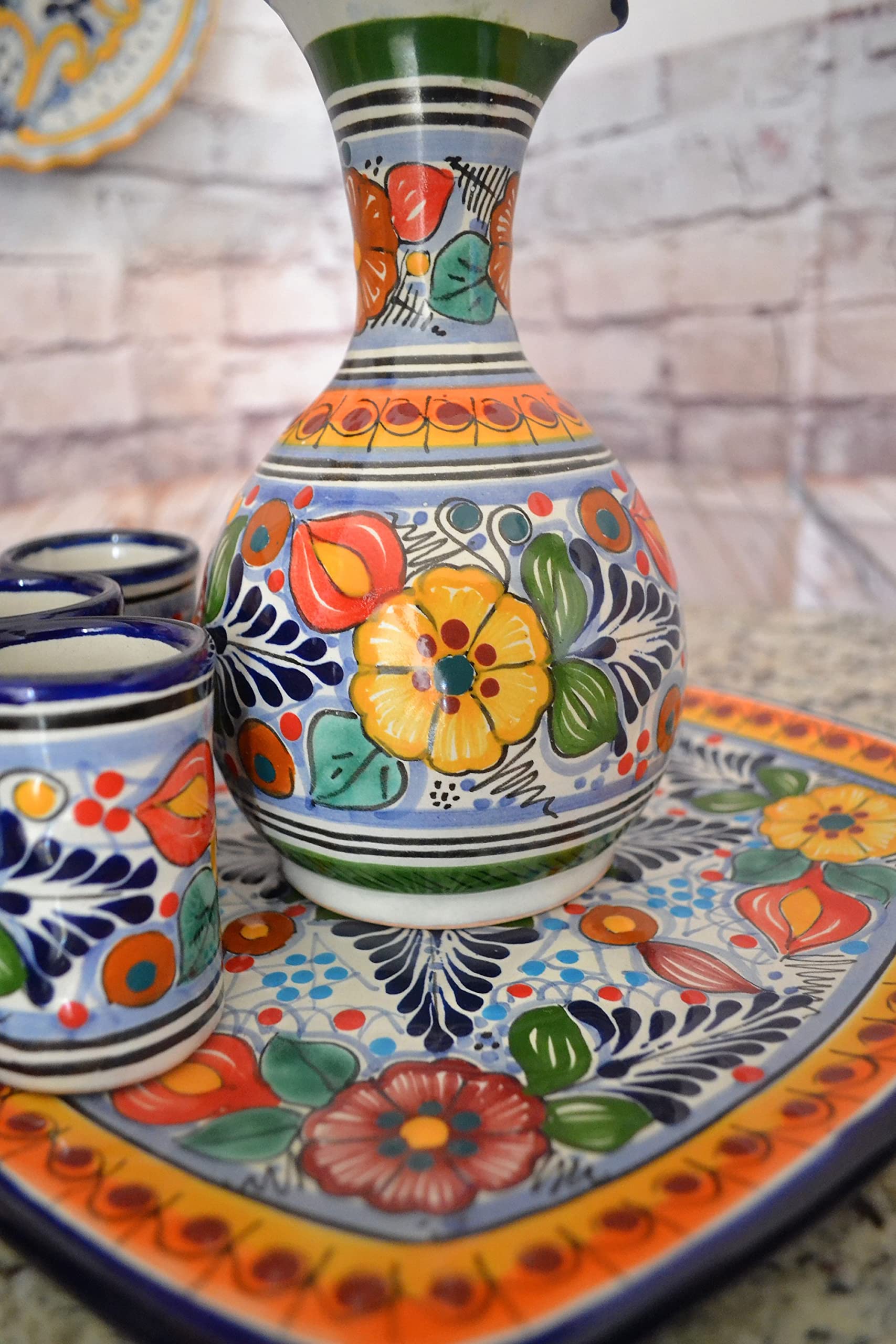 Premium Talavera Tequila Set with Hand-Painted Decanter & 4 Shot Glasses - Authentic Mexican Ceramic Barware for Parties, Gifts & Home Decor (Style CM116)