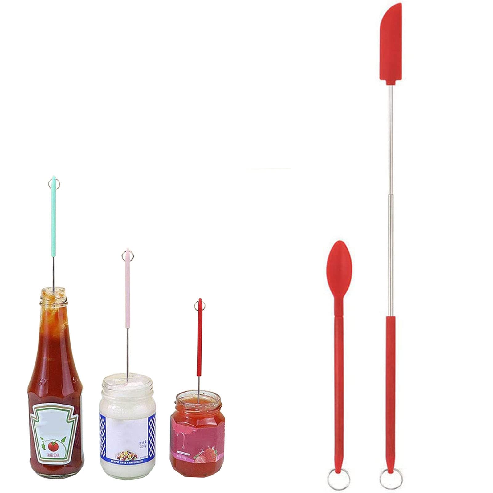 **Heat-Resistant Mini Silicone Telescopic Spatula & Scooping Spoon Set - Reusable Kitchen Utensils for Cooking, Baking, Makeup, and DIY - Includes Hanging Buckle (Red)**    *(Perfect for Home Kitchens, Bakeries, Cosmetic Labs, and Crafting Projects!)*