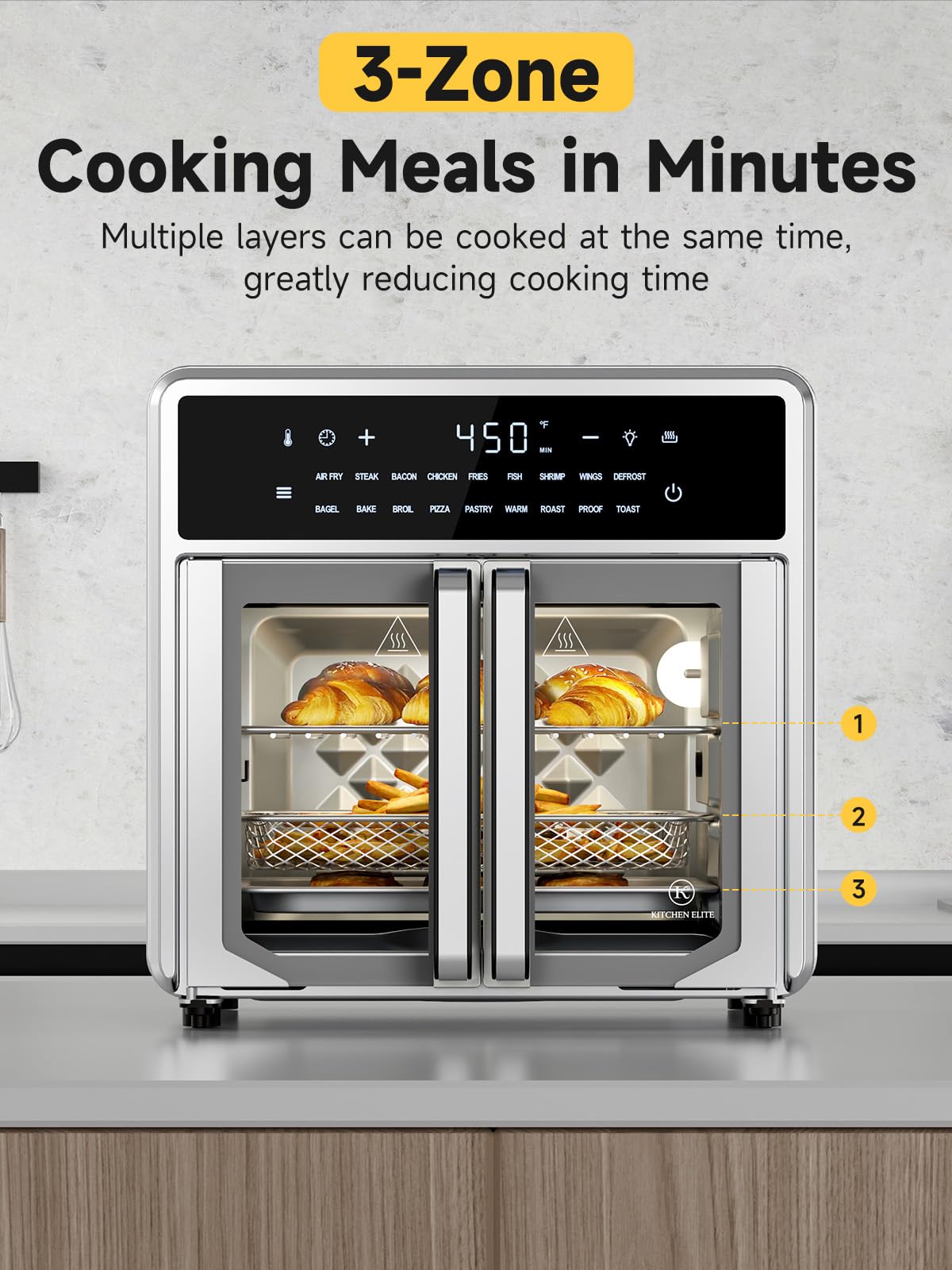 15.8QT Air Fryer Toaster Oven Combo with French Door - 18 Presets, Preheat & Interior Light - Includes Air Fryer Basket, Wire Rack, Baking Pan & Crumb Tray - Compact Stainless Steel Countertop Oven for Baking, Roasting & Healthy Air Frying