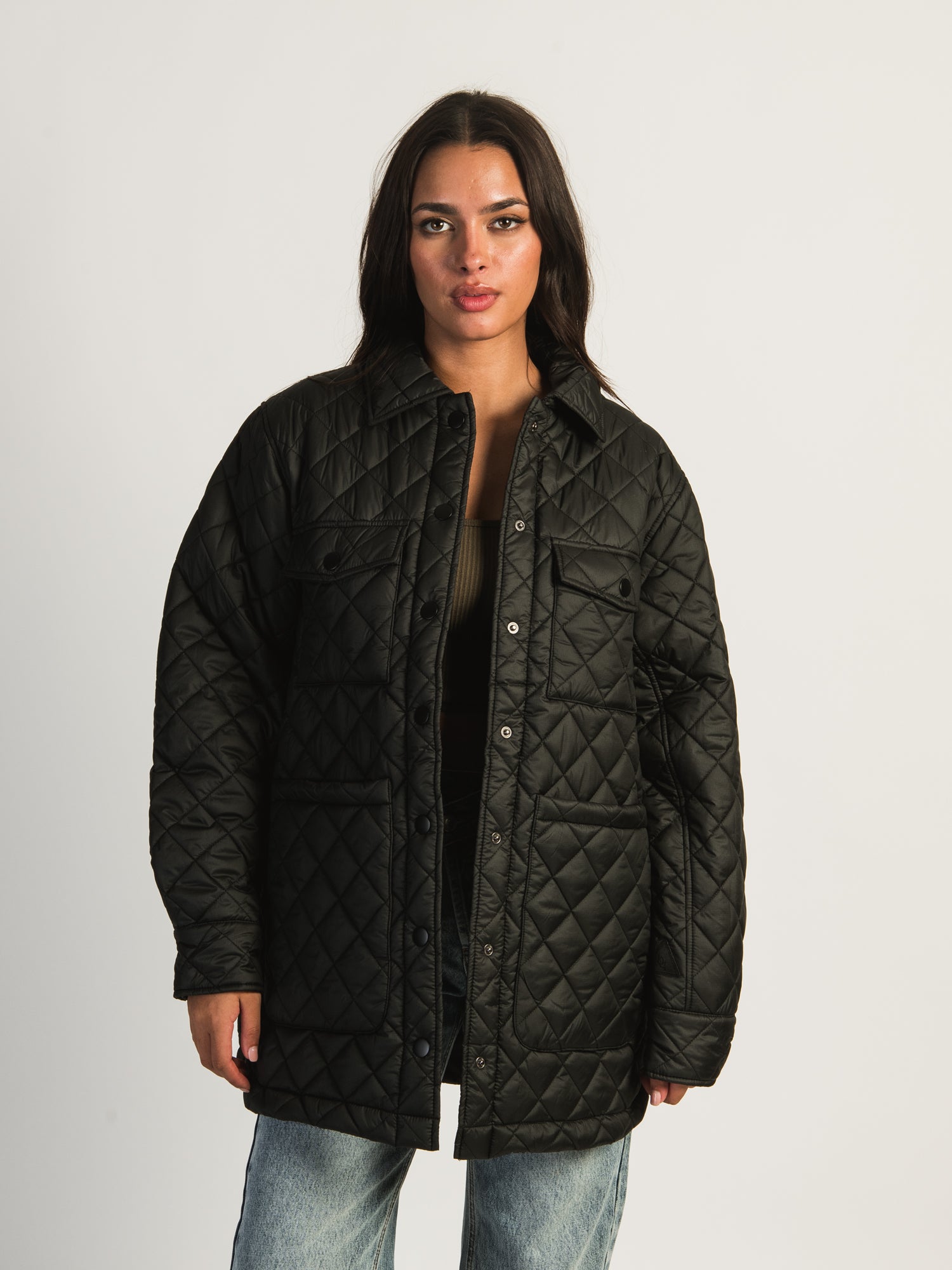 B.YOUNG ALETTA Quilted Puff Sleeve Shirt Jacket for Women - Stylish Winter Outerwear for Casual Outings & Office Wear