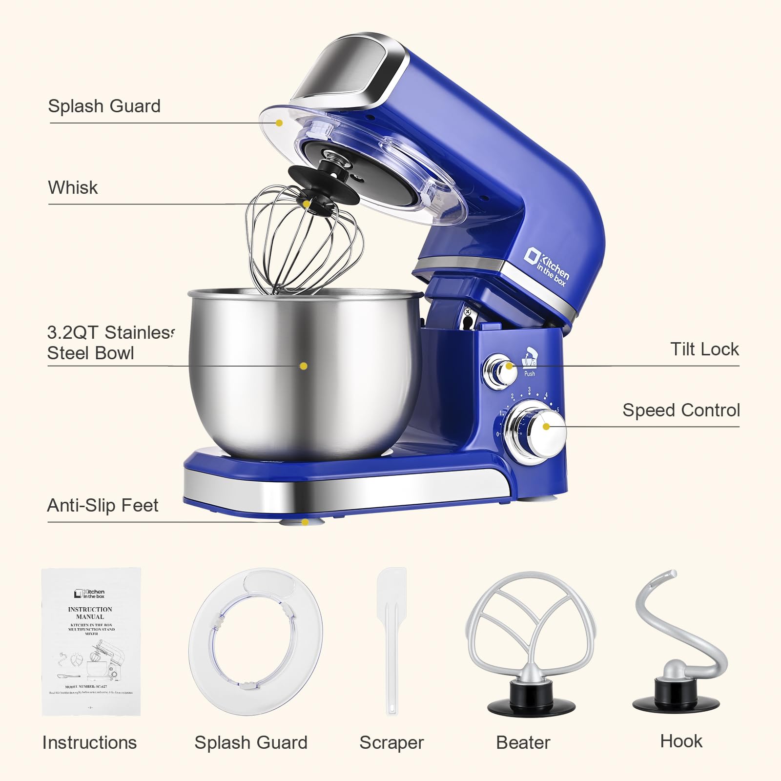 3.2Qt Mini Electric Stand Mixer - 6-Speed Portable Kitchen Mixer with Egg Whisk, Dough Hook & Flat Beater | Compact & Lightweight for Baking, Whipping & Mixing | Perfect for Small Kitchens & Daily Cooking (Reflex Blue)