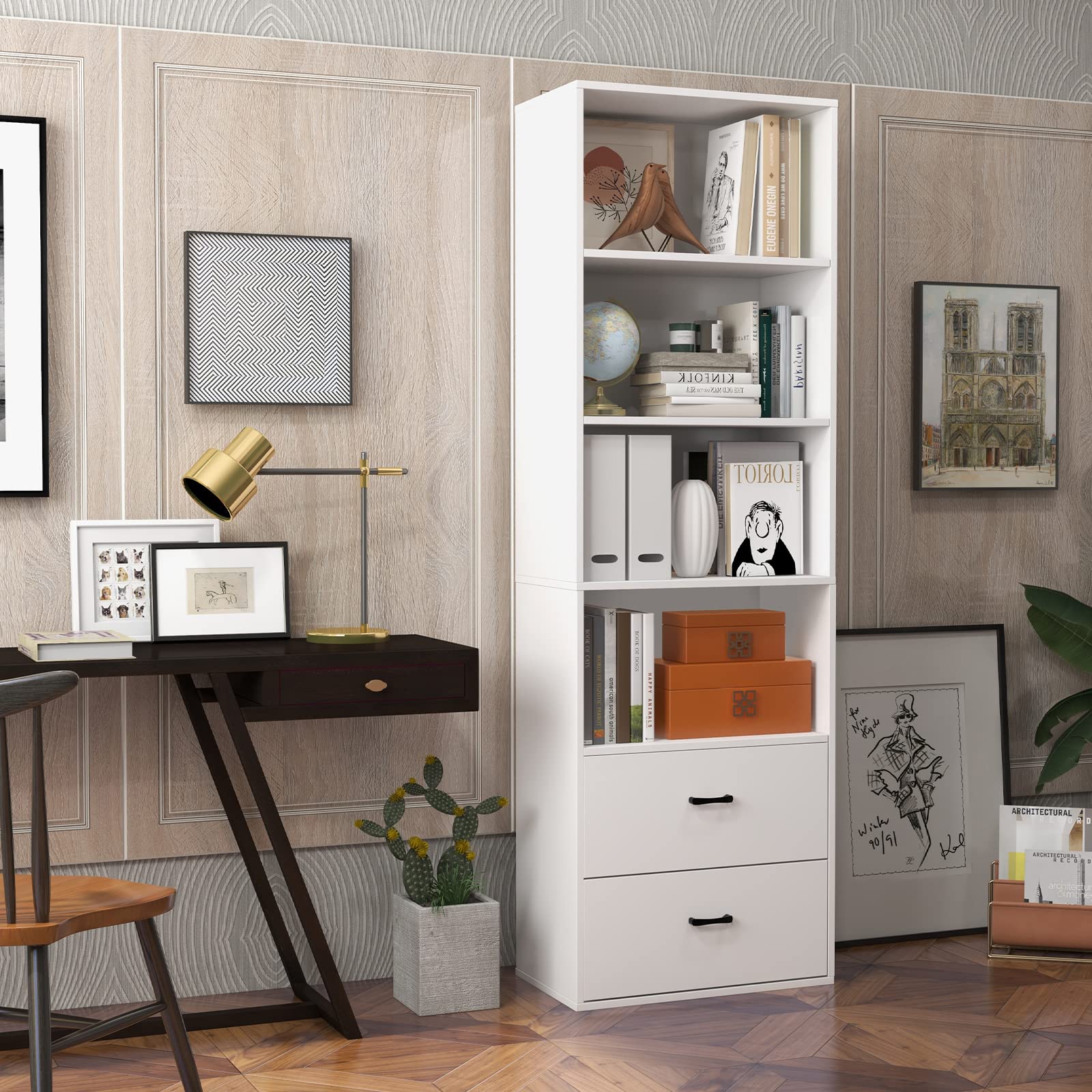 Tangkula 74 Inch 4-Tier Tall Bookshelf with 2 Slide-Out Drawers & Anti-Tip Device - Sturdy Wooden Storage Shelf for Home Office, Living Room, Bedroom - White Freestanding Bookcase for Organizing Books, Decor & Essentials
