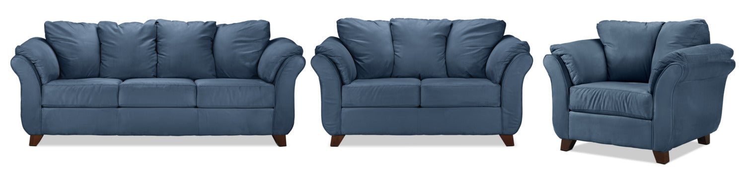 Modern Collier Sofa, Loveseat and Chair 3-Piece Living Room Set in Cobalt Blue Fabric - Perfect for Small Spaces, Apartments and Cozy Family Gatherings