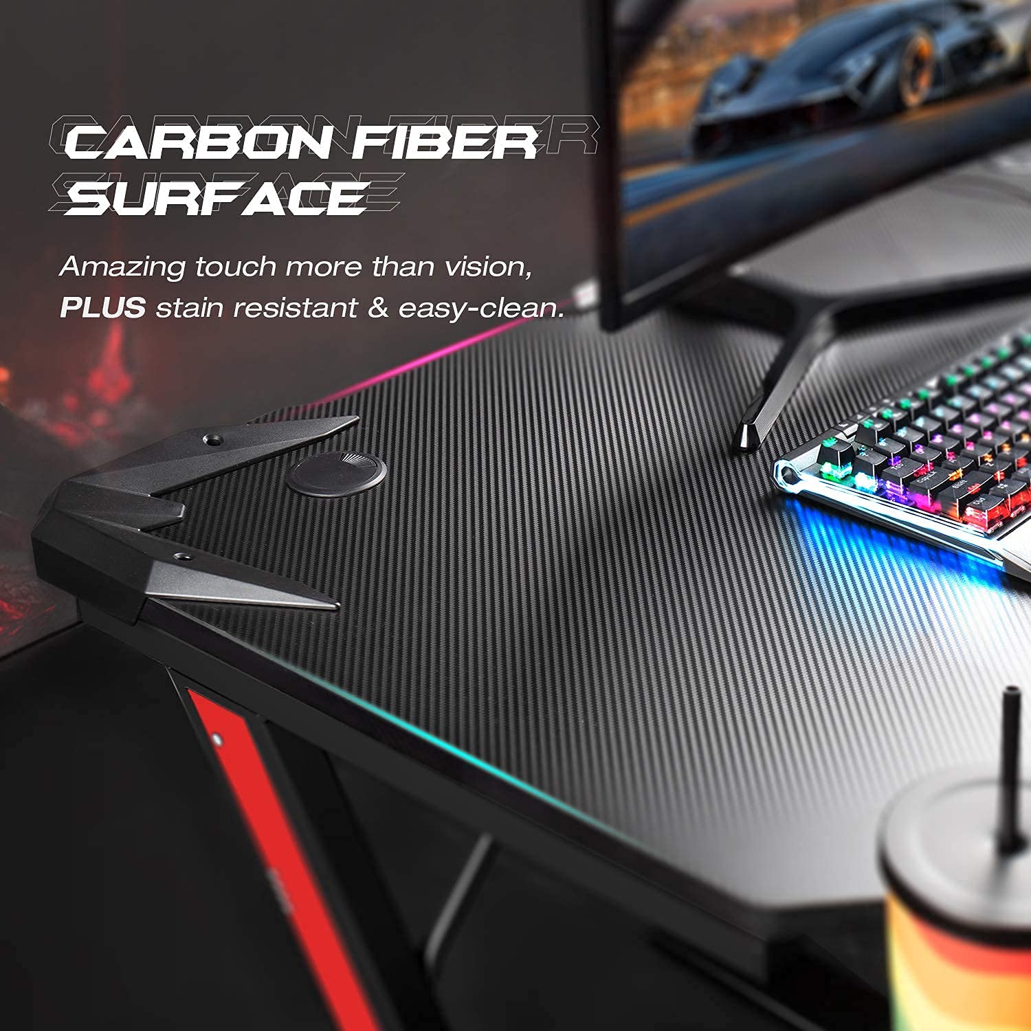 Homall 44-inch Black Gaming Desk - Carbon Fiber Surface Z-Shaped PC Computer Workstation with Cup Holder & Headphone Hook - Perfect for Home Office, Streaming Setup & Esports Gaming Battlestation