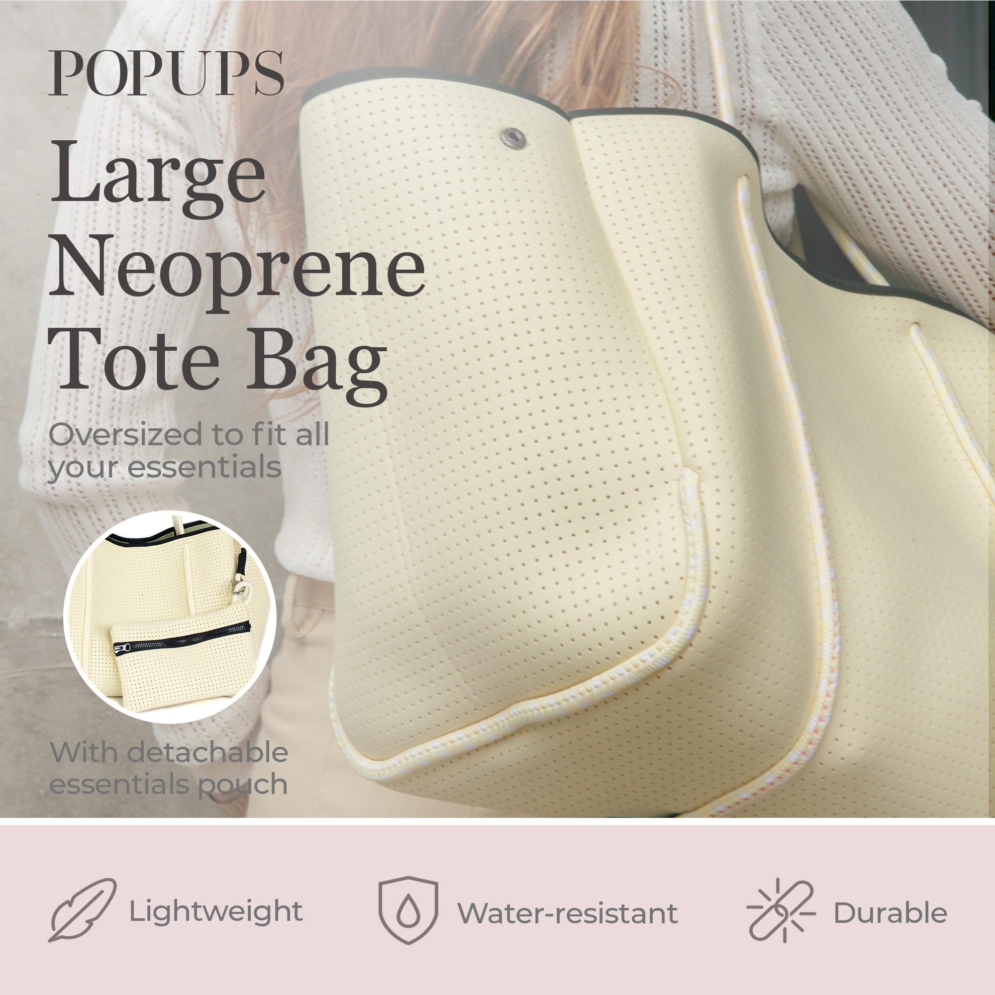 Stylish Large Neoprene Tote Bag for Women - Waterproof Designer Handbag with Multiple Pockets & Zipper Pouch - Perfect for Work, Travel, Gym & Beach Day Essentials