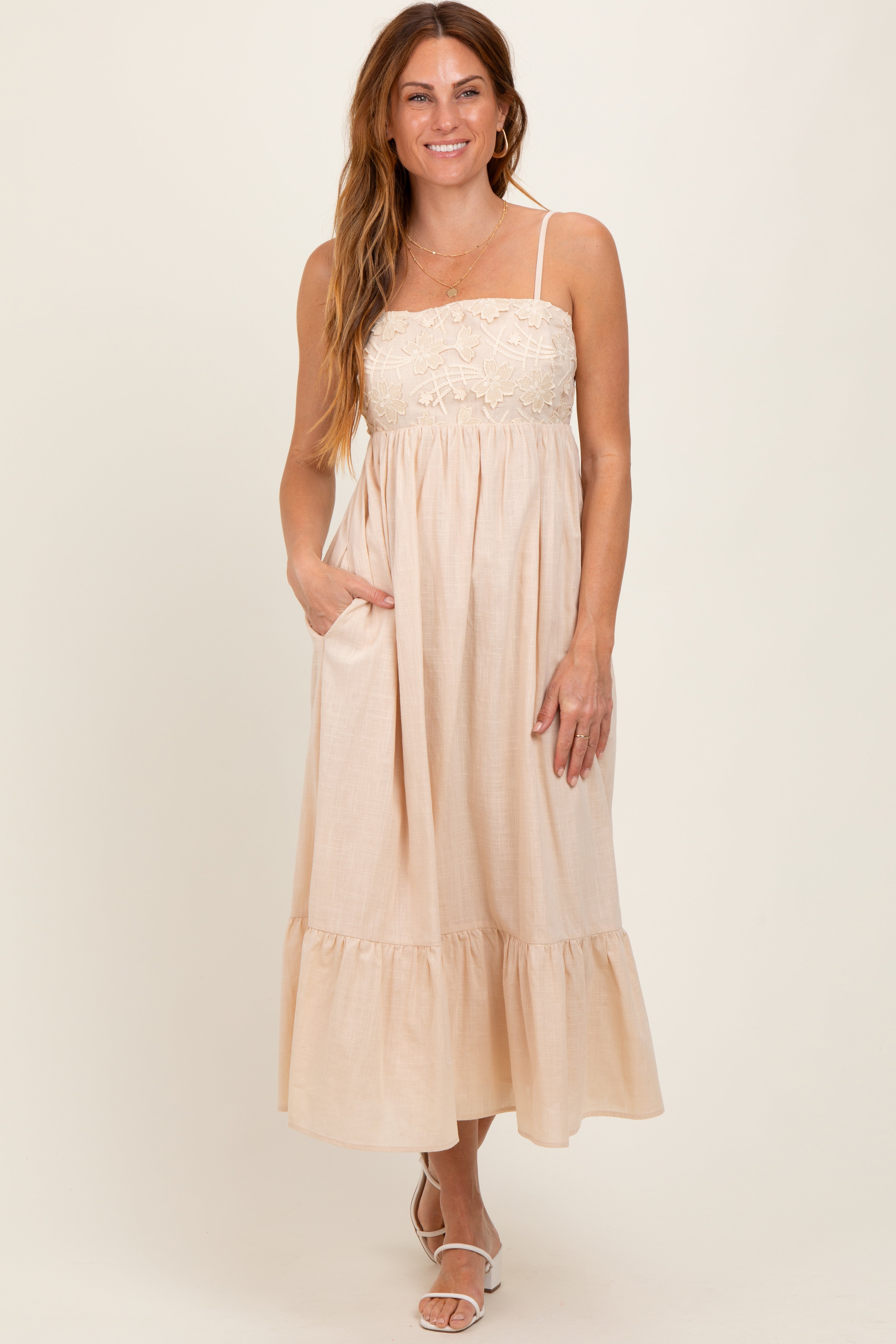 Beige Floral Embroidery Back Ribbon Midi Dress - Women's Elegant Summer Party Dress for Weddings, Garden Parties & Date Nights