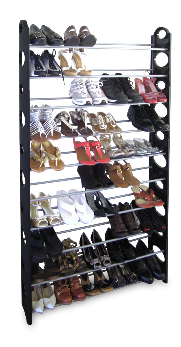 Home Basics 50 Pair Shoe Organizer Rack - Free Standing Shoe Storage Shelf for Entryway, Hallway & Closet - Space Saving Shoe Organizer for Men & Women - Perfect for Small Spaces & Apartment Living (Black)