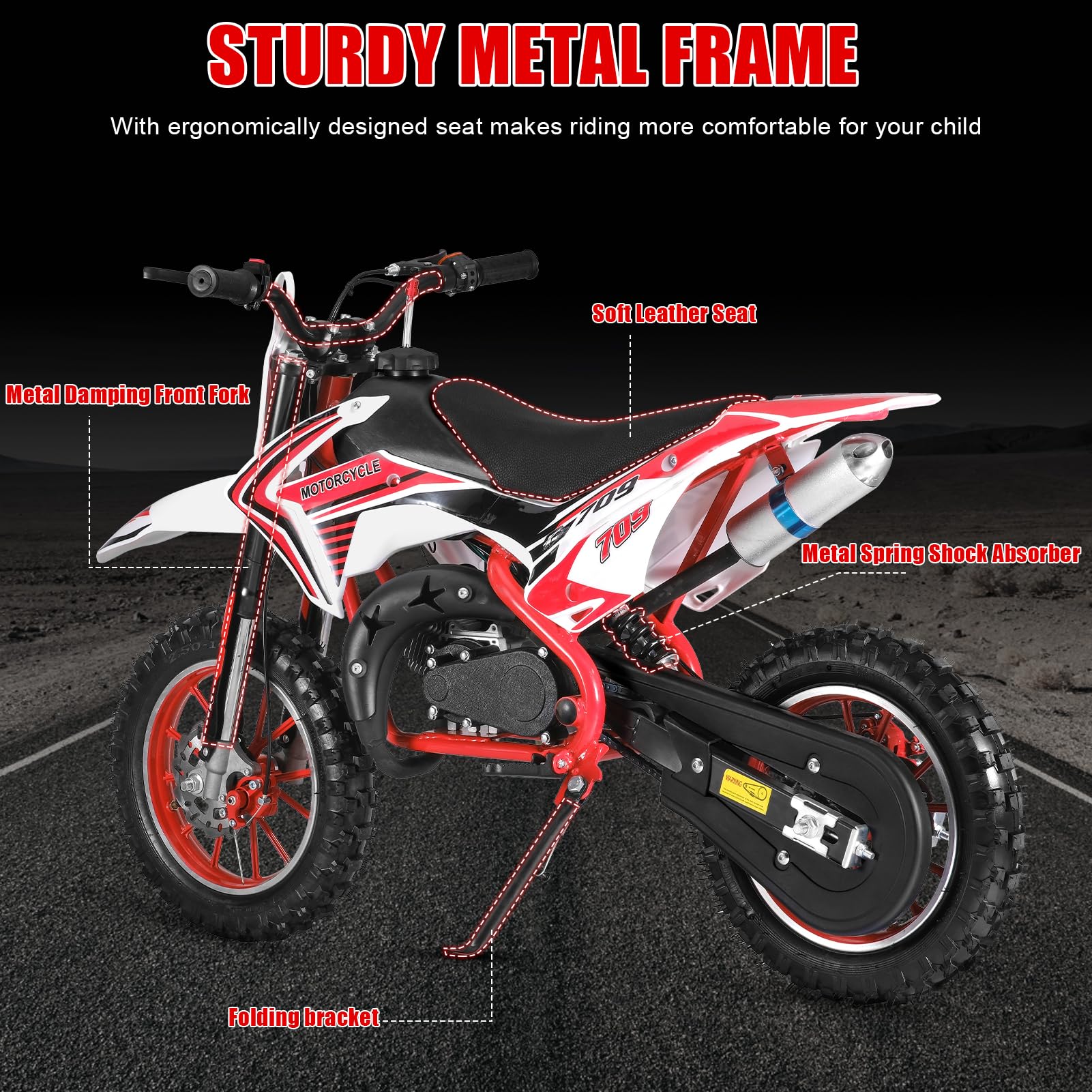 49cc Kids Dirt Bike - 2-Stroke Gas Powered Off-Road Mini Motorcycle for Boys & Girls with Front/Rear Disc Brakes, Max Speed 40KM/H - Perfect for Backyard Racing, Trail Riding & Off-Road Adventures (Red)
