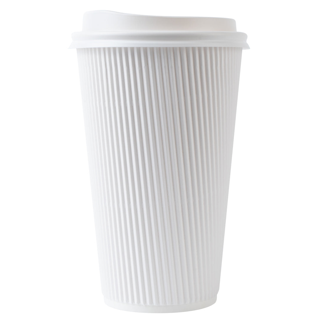 16 oz White Paper Ripple Wall Coffee Cups with White Lids - 3.5