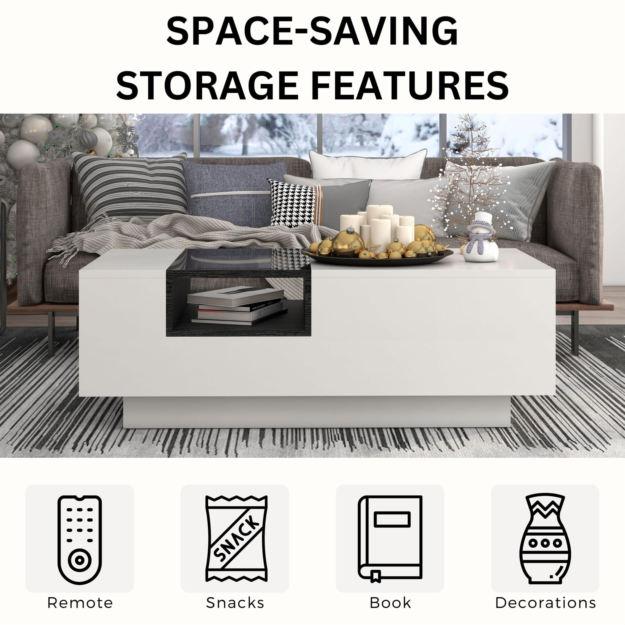Modern Rectangle Coffee Table with Storage - White & Black Wooden Furniture for Living Room & Office - Matte Finish with Glass Window Shelf & 2 Open Shelves - Perfect for Small Spaces, Home Decor & Entertaining Guests