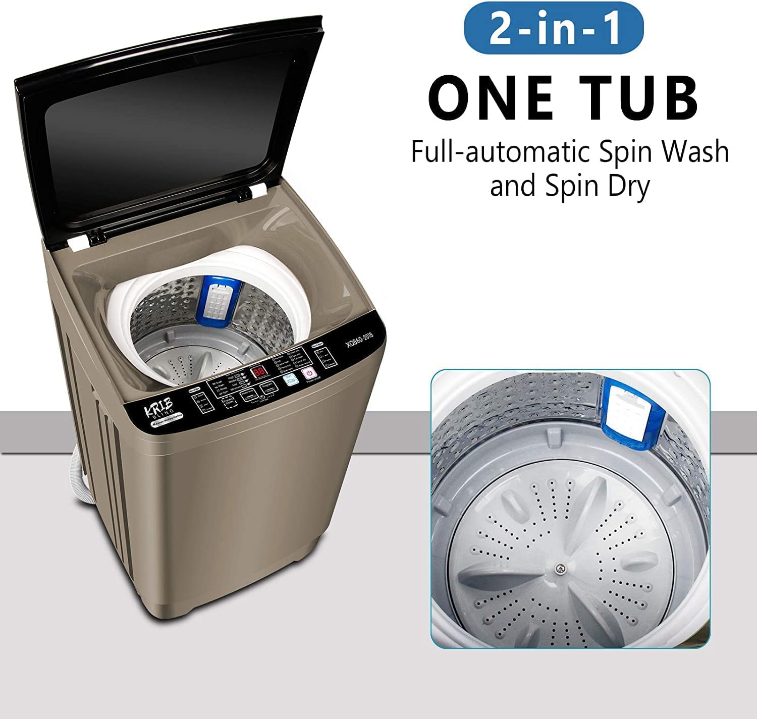 KRIB BLING Portable Full Automatic Washing Machine 17.7 lbs Capacity - Compact Washer with LED Display, Drain Pump, 10 Wash Programs & 8 Water Levels - Perfect for Dorms, Apartments, RVs, Camping & Small Spaces - Ideal for Laundry in Tight Spaces or On-the-Go