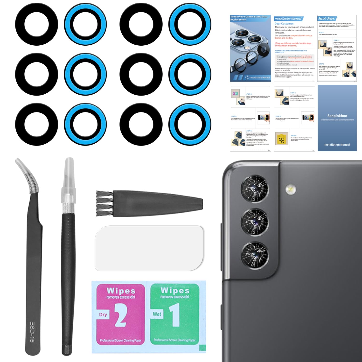 2 Pack Samsung Galaxy S21/S21 Plus Camera Lens Glass Replacement for All Carriers - Pre-Installed Adhesive & Lens Protector Included with Repair Tool Kit - Perfect for DIY Phone Repair and Camera Protection