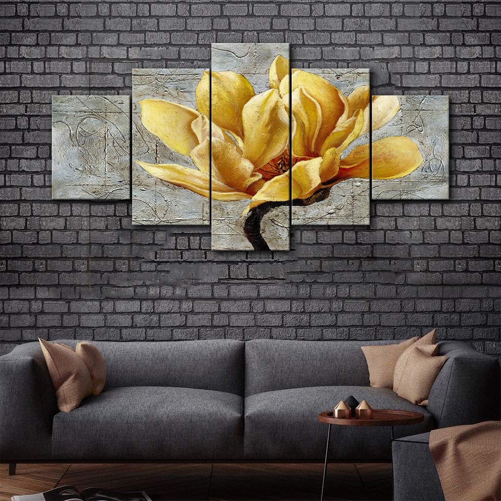 Modern 5-Panel Canvas Wall Art - Black White Yellow Grey Rose Flower on Grey Wooden Board - Stretched & Framed Ready to Hang - Perfect for Living Room, Bedroom, Bathroom & Office Decor