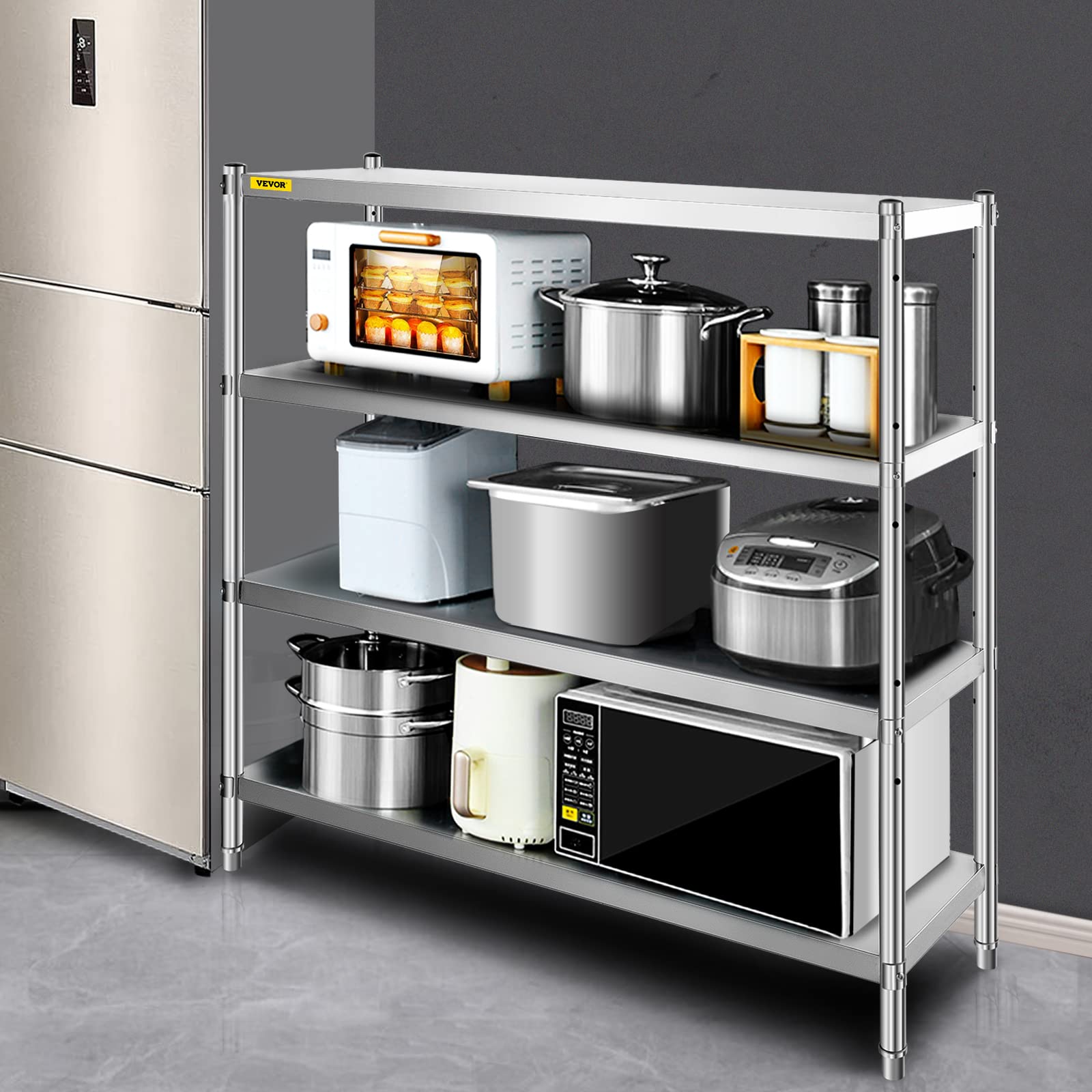 VEVOR 60x18.5 Inch 4-Tier Adjustable Stainless Steel Shelving Unit - Heavy Duty Storage Rack for Kitchen, Commercial, Office & Garage - 330lb Capacity per Shelf | Perfect for Restaurant Prep, Warehouse Organization & Home Storage Solutions