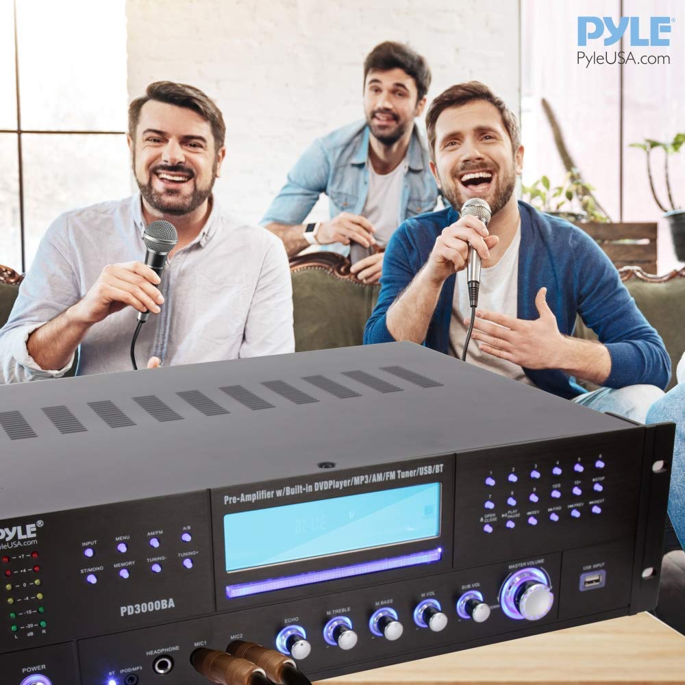Pyle 4 Channel Wireless Bluetooth Amplifier - 3000W Peak Power Stereo Home Audio Receiver with FM Radio, USB, 2 Mic Inputs with Echo, HDMI & 24-Bit Decoder, Front-Loading CD/DVD Player, LED Display, Rack Mountable - Perfect for Home Theater, Karaoke Parties, and Professional DJ Setups