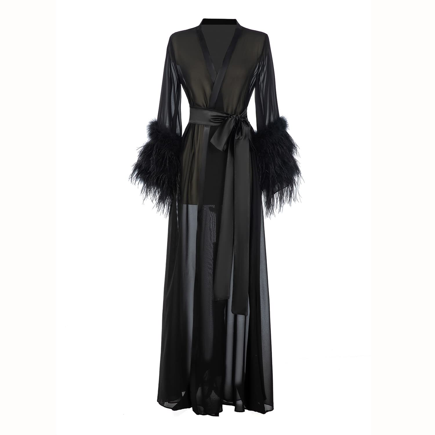 Women's Feather Trim Chiffon Bridal Robe - Sheer Lingerie Nightgown, Bathrobe & Sleepwear for Wedding, Honeymoon, Boudoir Photography & Special Occasions