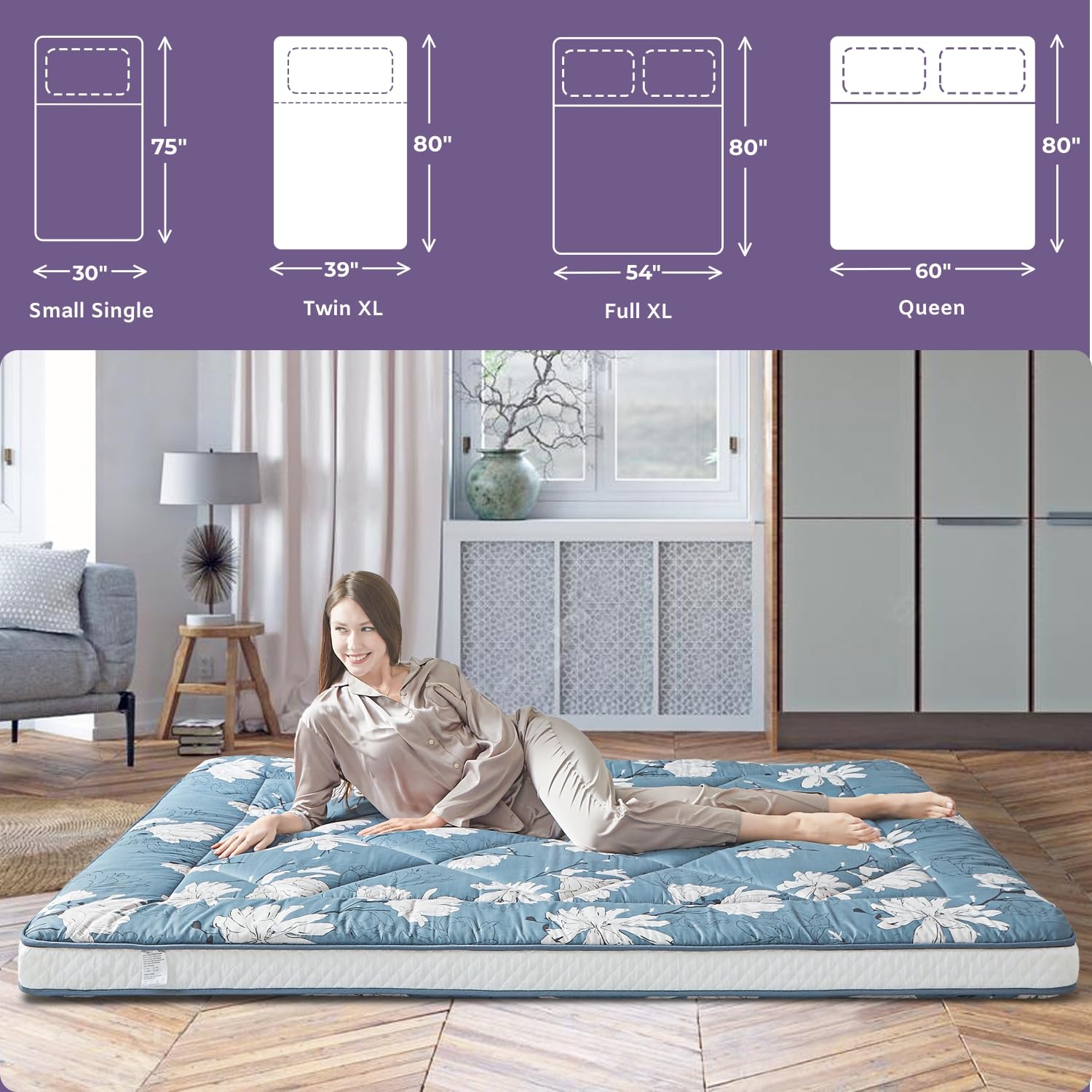 Japanese Floor Mattress Futon - Extra Thick Roll-Up Mattress Bed Topper for Guest, Lounger or Travel - White Flower Design - Full-XL Size - Perfect for Home, Office & Camping Use