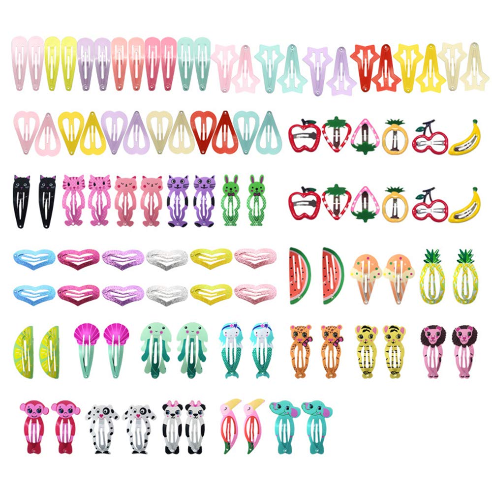 VolksRose 100pcs Mixed Cute Hair Clips Set for Girls - Peach Heart, Star, Fruit & Animal Designs, 50 Color Metal Snap Barrettes for Women & Kids | Perfect for School, Parties, Daily Styling & Gifts