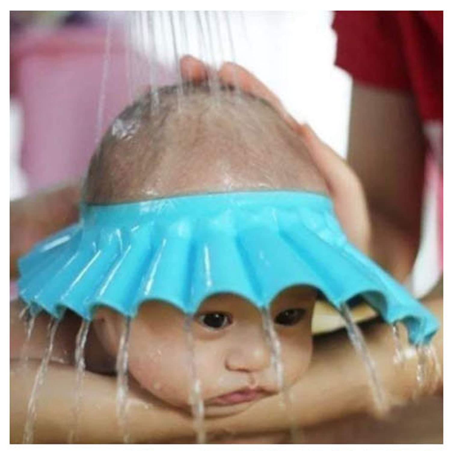 Sunbaby Adjustable Soft Baby Shower Cap - Safe Hair Wash Hat for Infants & Toddlers with Eye/Ear Protection, Leaves Design, Blue - Perfect for Bath Time & Sensitive Skin Care