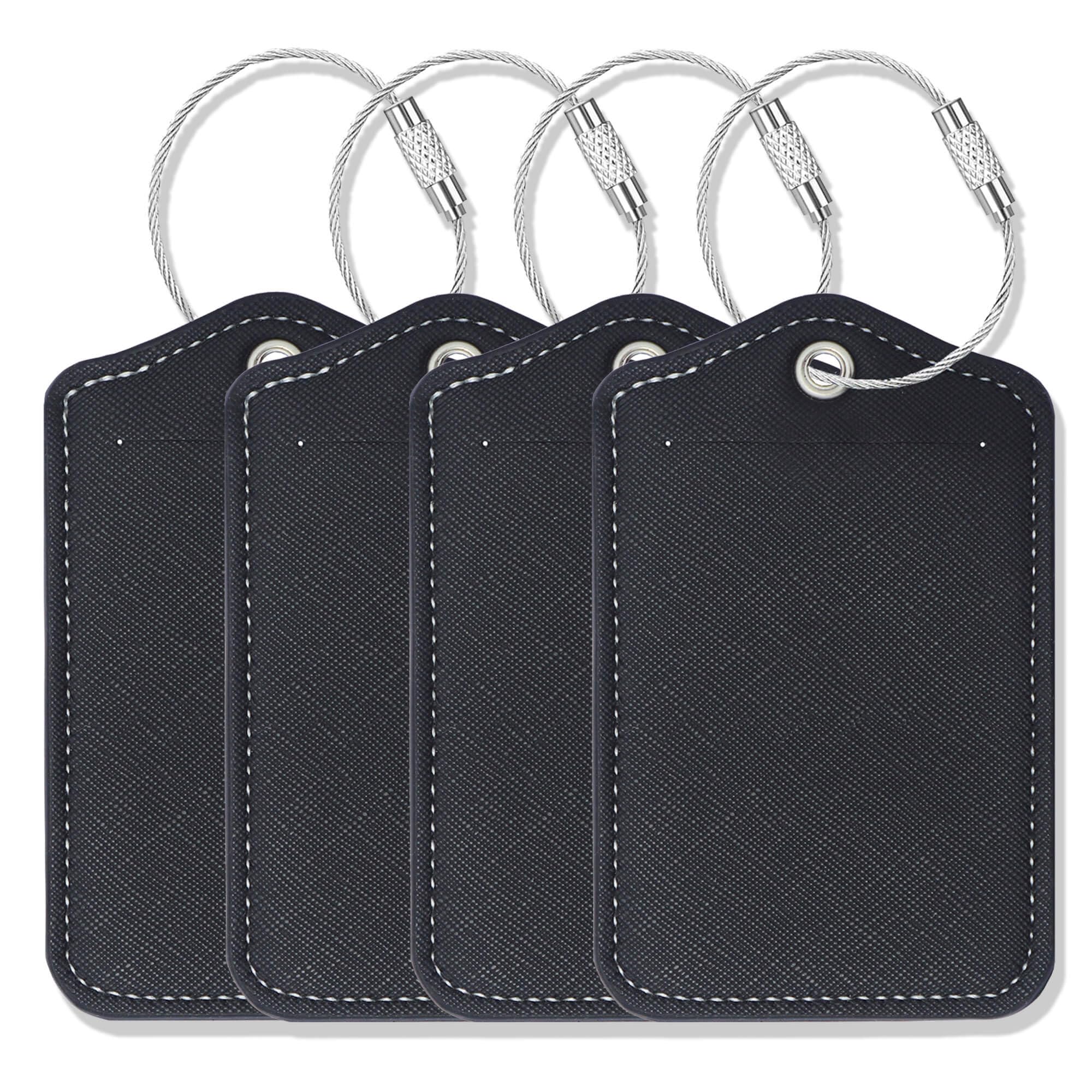 4 Pack Leather Luggage Tags with Loops - Cute Travel Essentials for Suitcases, Bags & Backpacks - Durable Airplane Luggage ID Tags (Black) - Perfect for International Travel, Business Trips & Vacation
