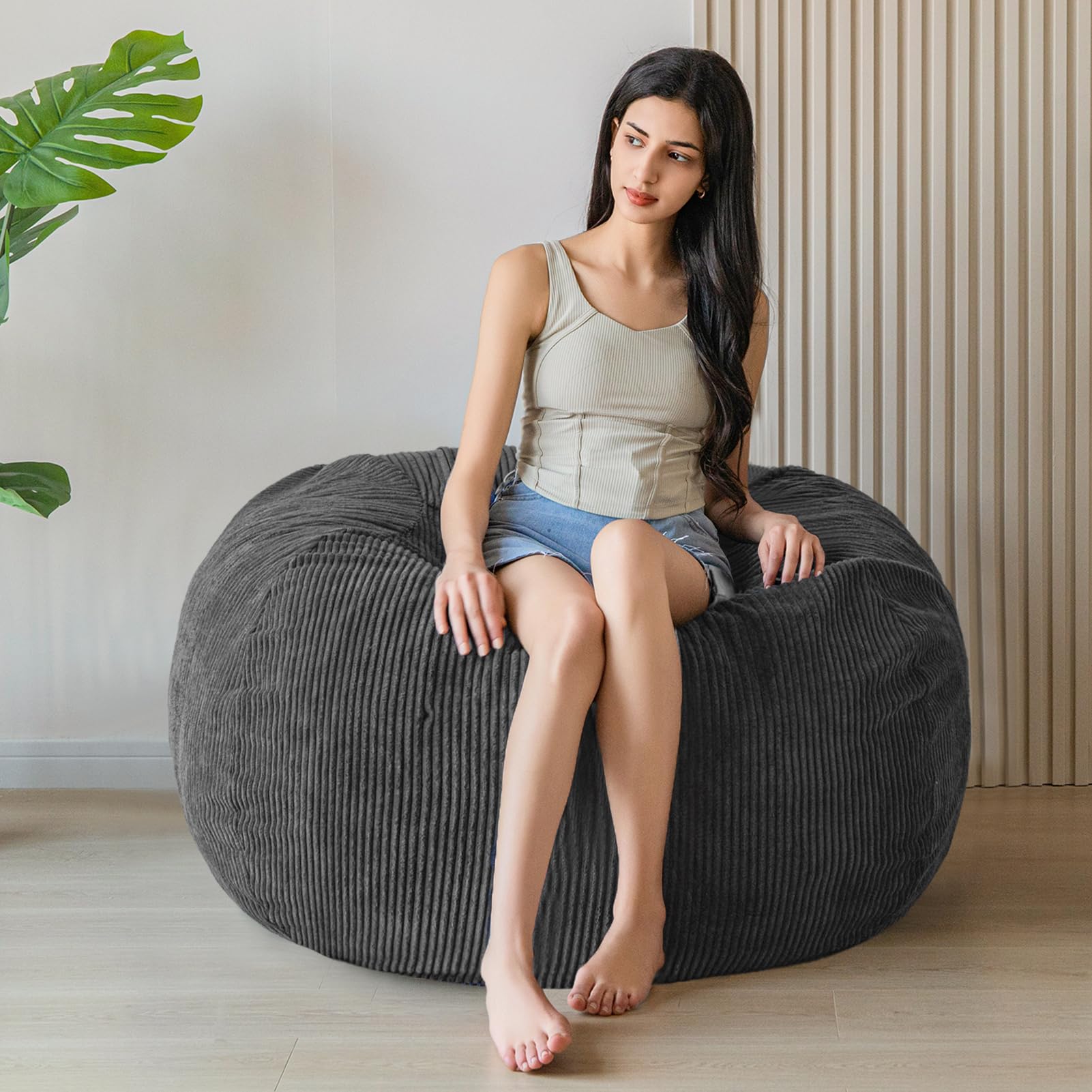 MAXYOYO 3ft Corduroy Bean Bag Chair for Adults - Ultra Soft Fur Lazy Sofa in Dark Grey | Perfect for Living Room, Bedroom & Game Room Relaxation