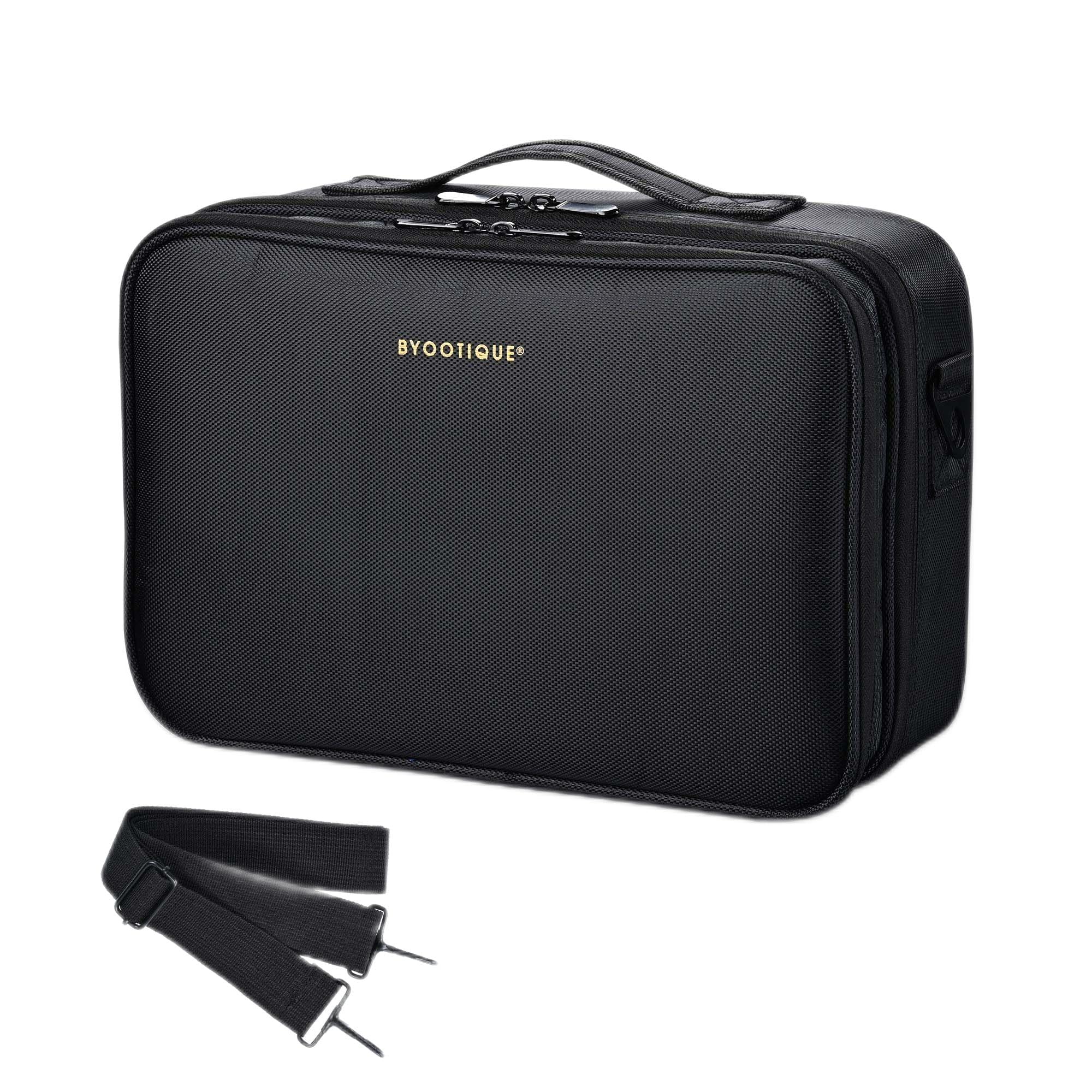 AW Medium Travel Makeup Bag with Adjustable Dividers & Shoulder Strap - Portable Cosmetic Organizer for Brushes, Makeup & Toiletries - Perfect for Backpacking, Train Travel & Daily Use (Black)