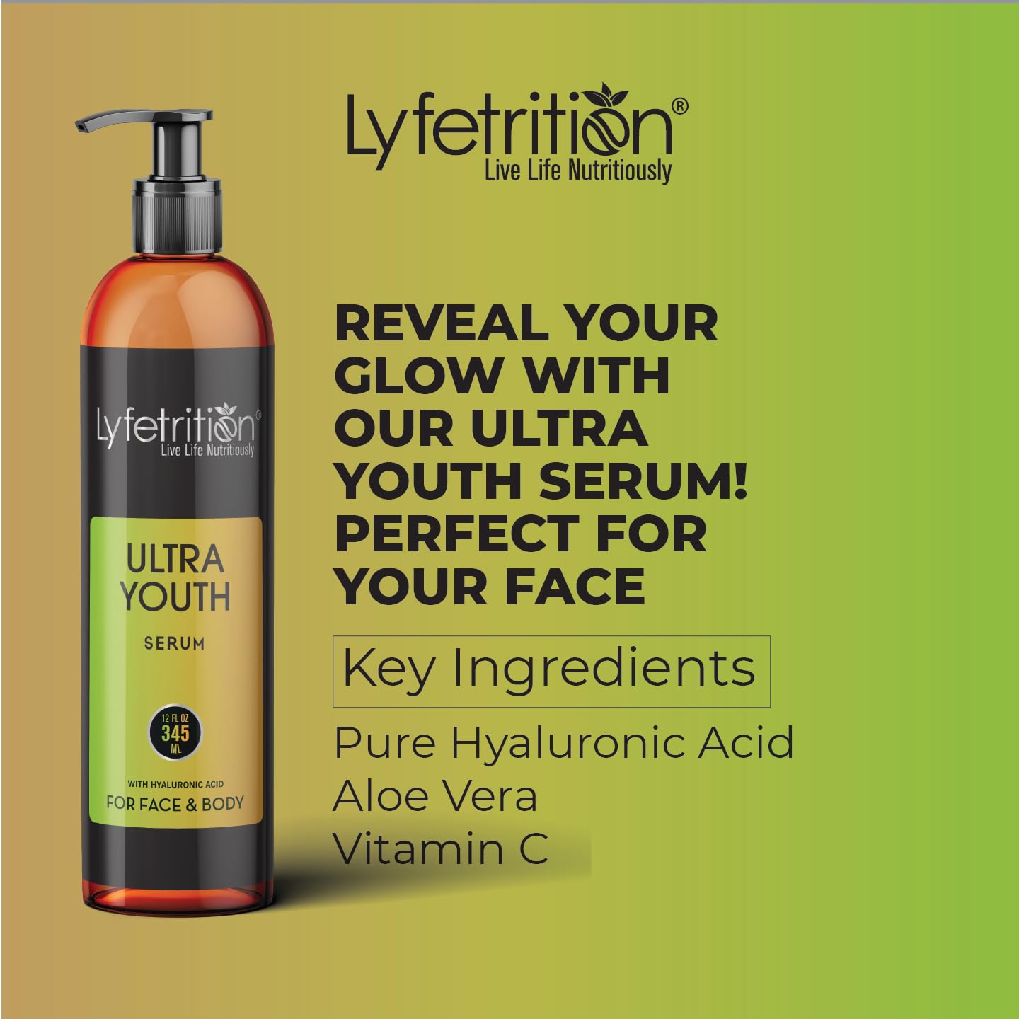 Lyfetrition Ultra Youth Serum - 12 oz Anti-Wrinkle Face Serum with Hyaluronic Acid | Wrinkle Reducing Formula for Flawless Skin | Boosts Collagen Production | Perfect for Daily Skincare Routine & Nighttime Anti-Aging Treatment
