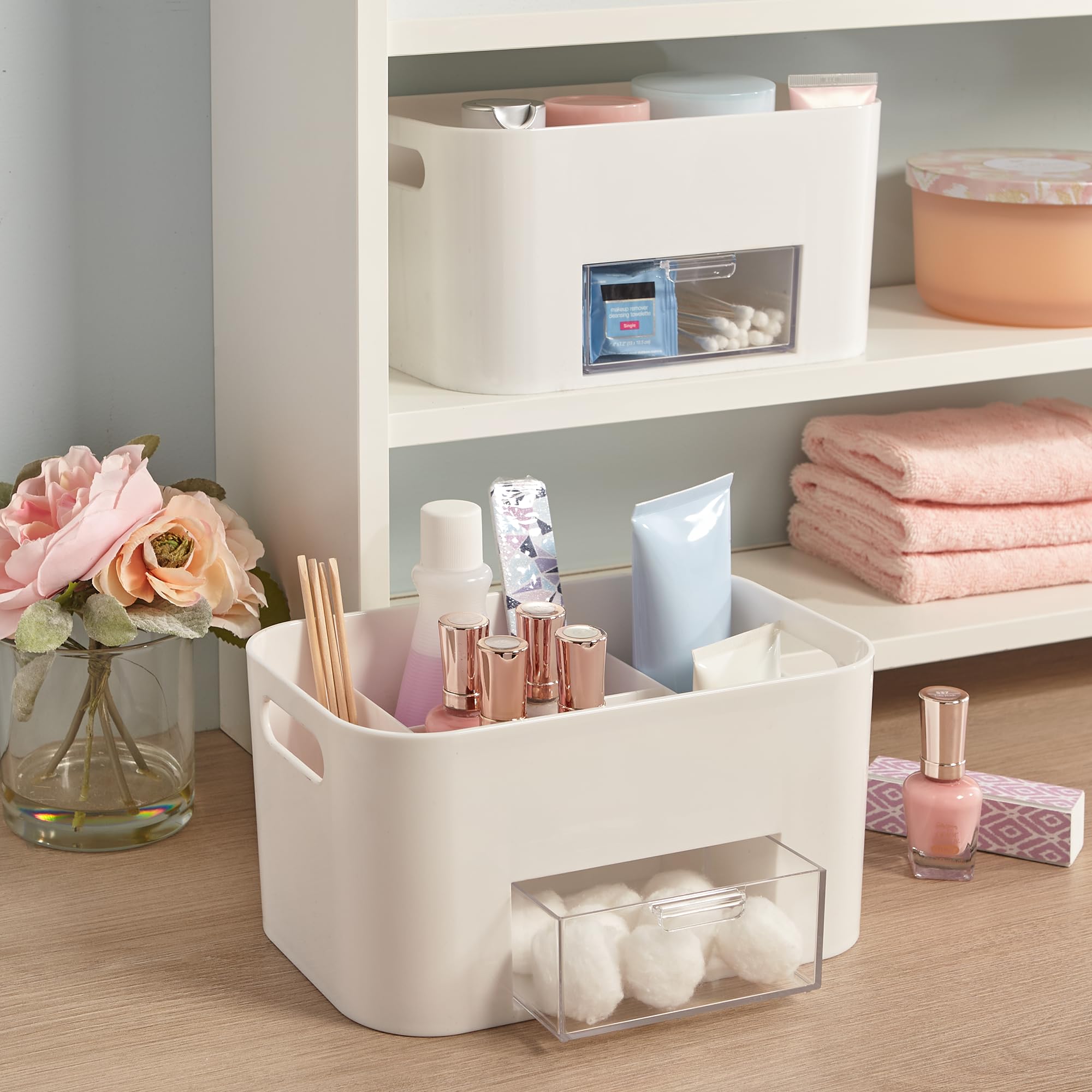 STORi Bliss White Makeup Organizer - Countertop Cosmetic Storage with Divided Drawers & Brush Holder | Nail Polish Organizer | Made in USA | Perfect for Vanity, Bathroom & Travel Beauty Organization