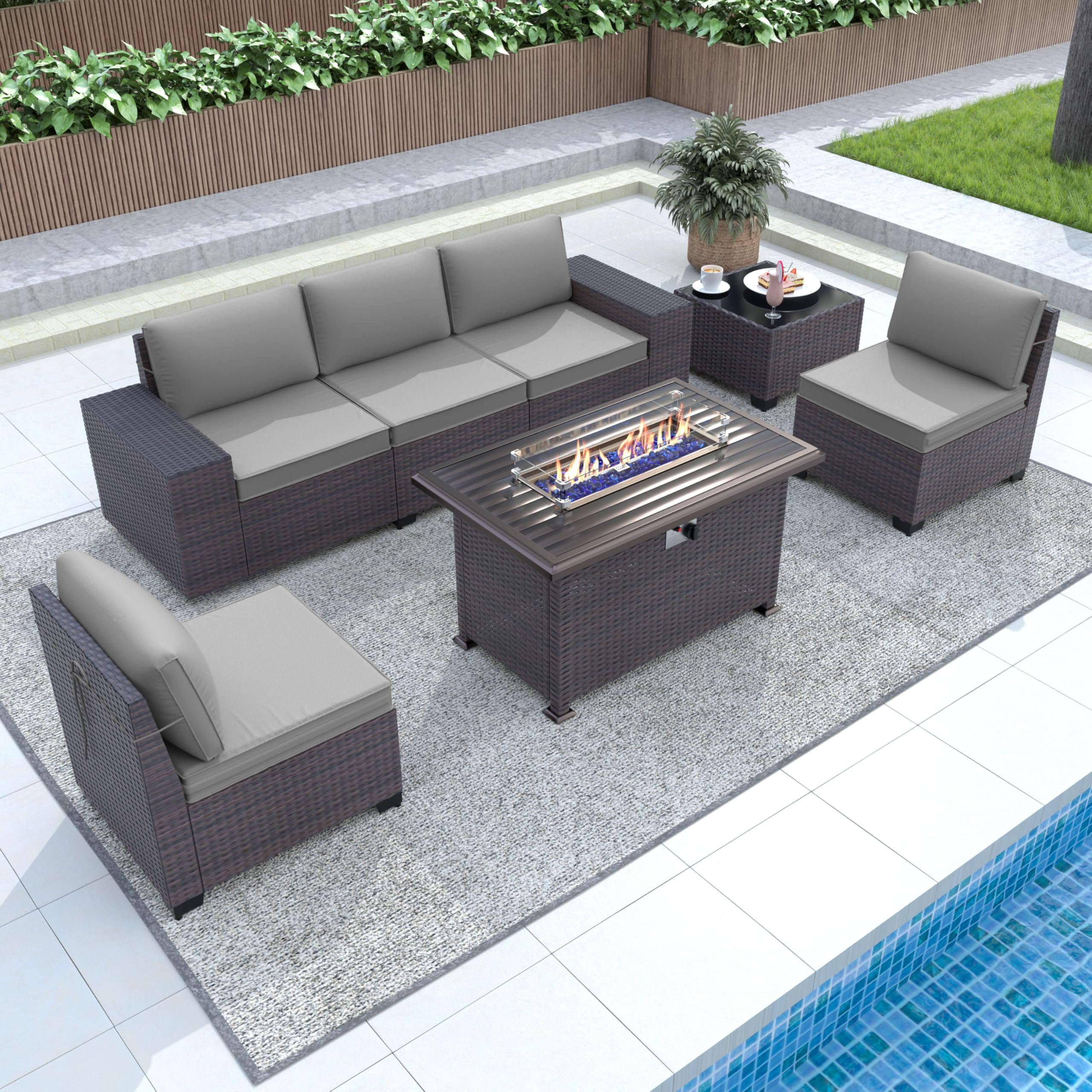 Gotland 7-Piece Outdoor Patio Furniture Set with 43-inch Gas Fire Pit Table - 55,000 BTU Auto-Ignition Sectional Sofa Set with Glass Wind Guard - Perfect for Backyard, Garden, and Poolside Relaxation