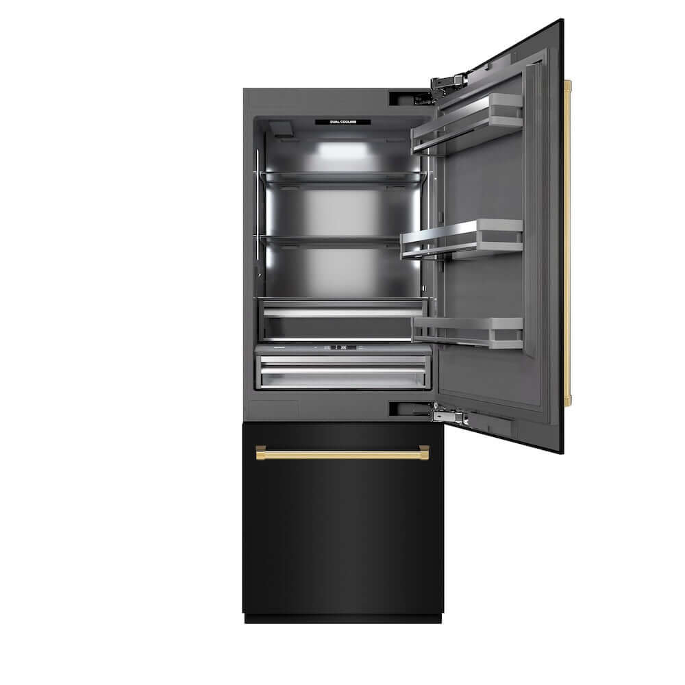 ZLINE Autograph Edition 30 Inch Built-In Bottom Freezer Refrigerator - 16.1 cu ft Capacity, Black Stainless Steel with Graphite Gray Interior, Water Dispenser & Ice Maker, Polished Gold Accents (GRBIVZ BS 30 G) - Perfect for Modern Kitchens, Open Concept Homes & Luxury Appliances Collection