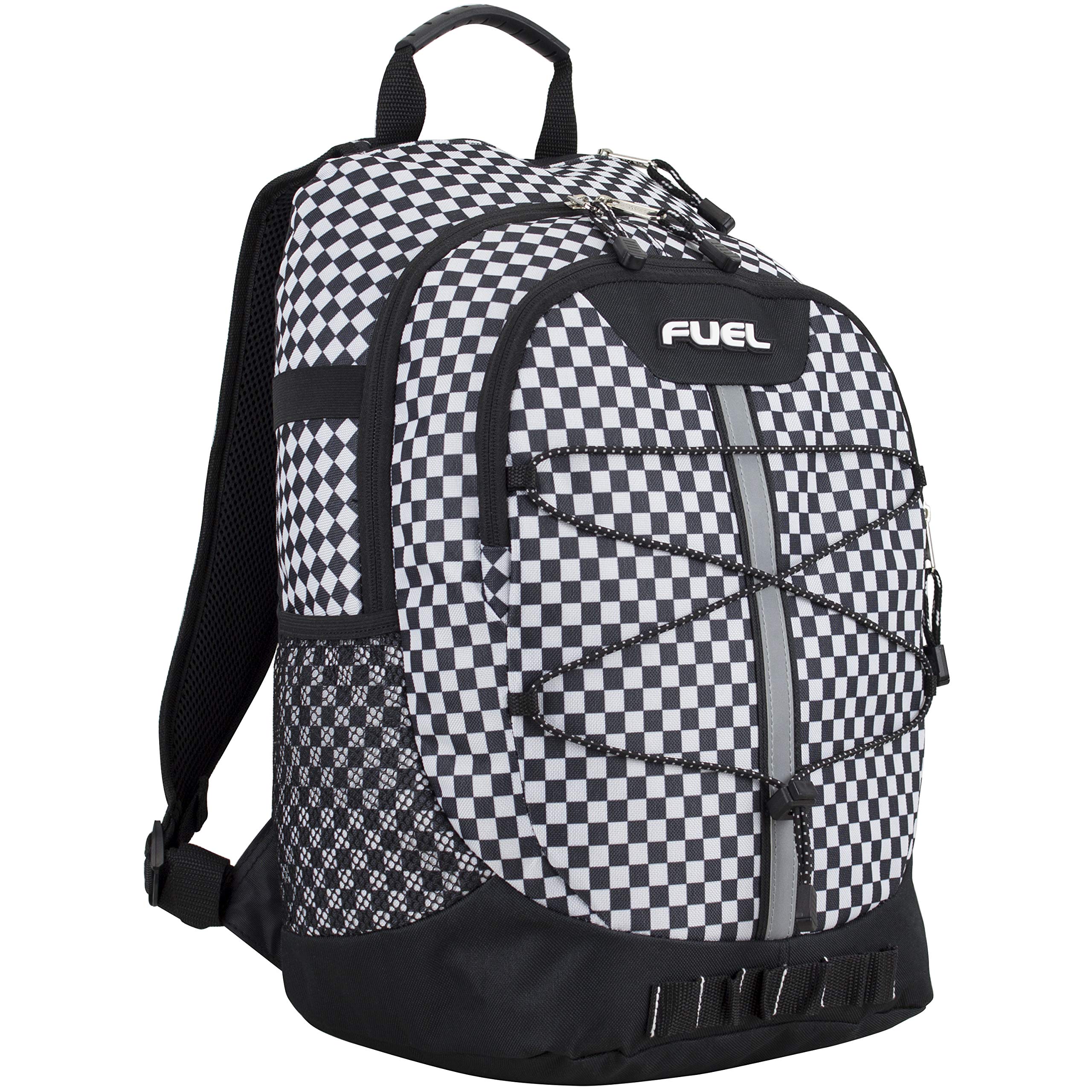 FUEL Checkered Black & White Hiking Backpack for Women & Men - Durable Terra Sport Design for Travel, College, Gym & Work - Includes Laptop Sleeve & Bungee Straps (18 Inches) - Perfect for Outdoor Adventures & Daily Commute