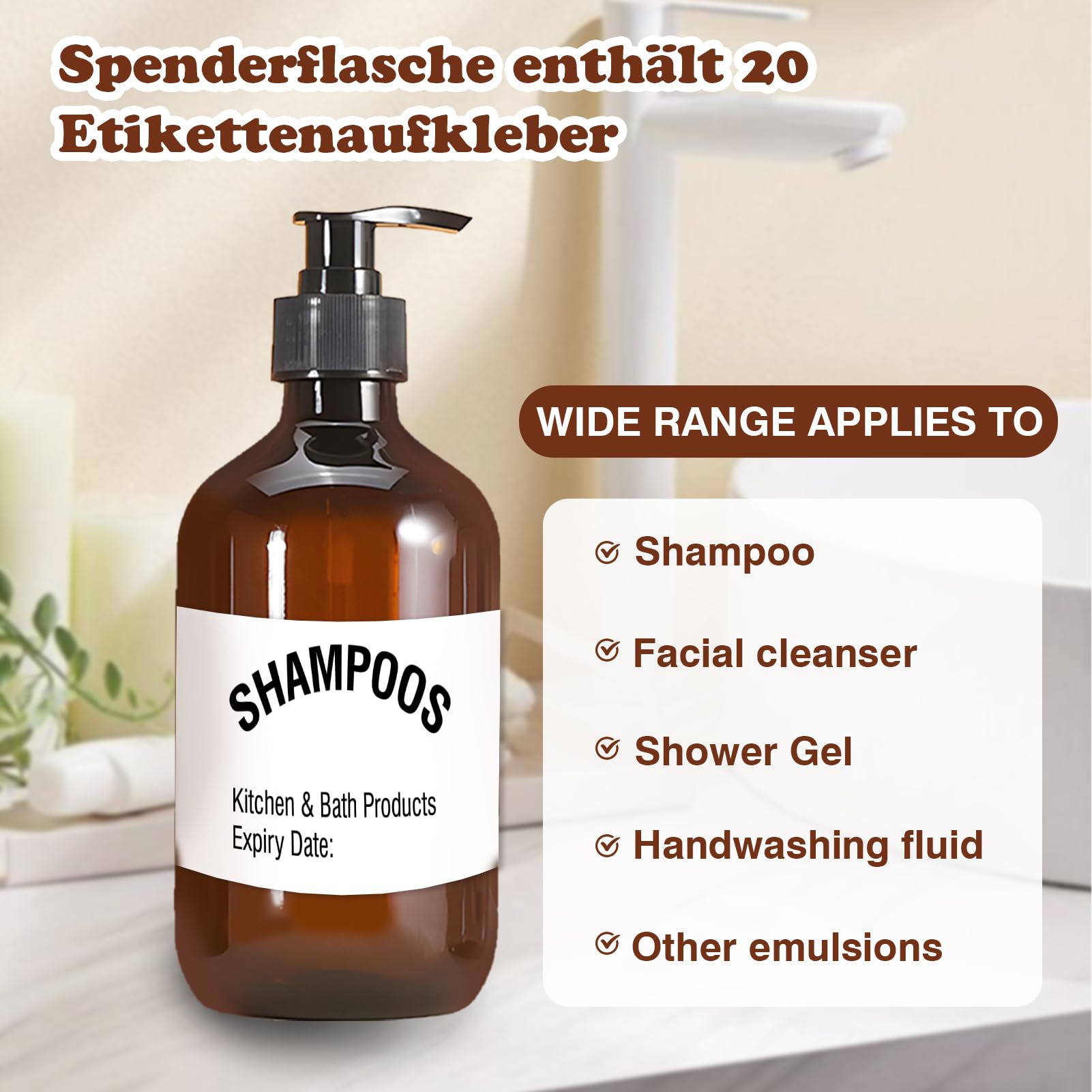 4-Pack 300ml Plastic Soap Dispenser for Bathroom - Reusable Liquid Soap Dispenser for Shampoo, Conditioner & Shower Gel with Waterproof Adhesive & Funnel - Perfect for Kitchen, Bathroom & RV Use