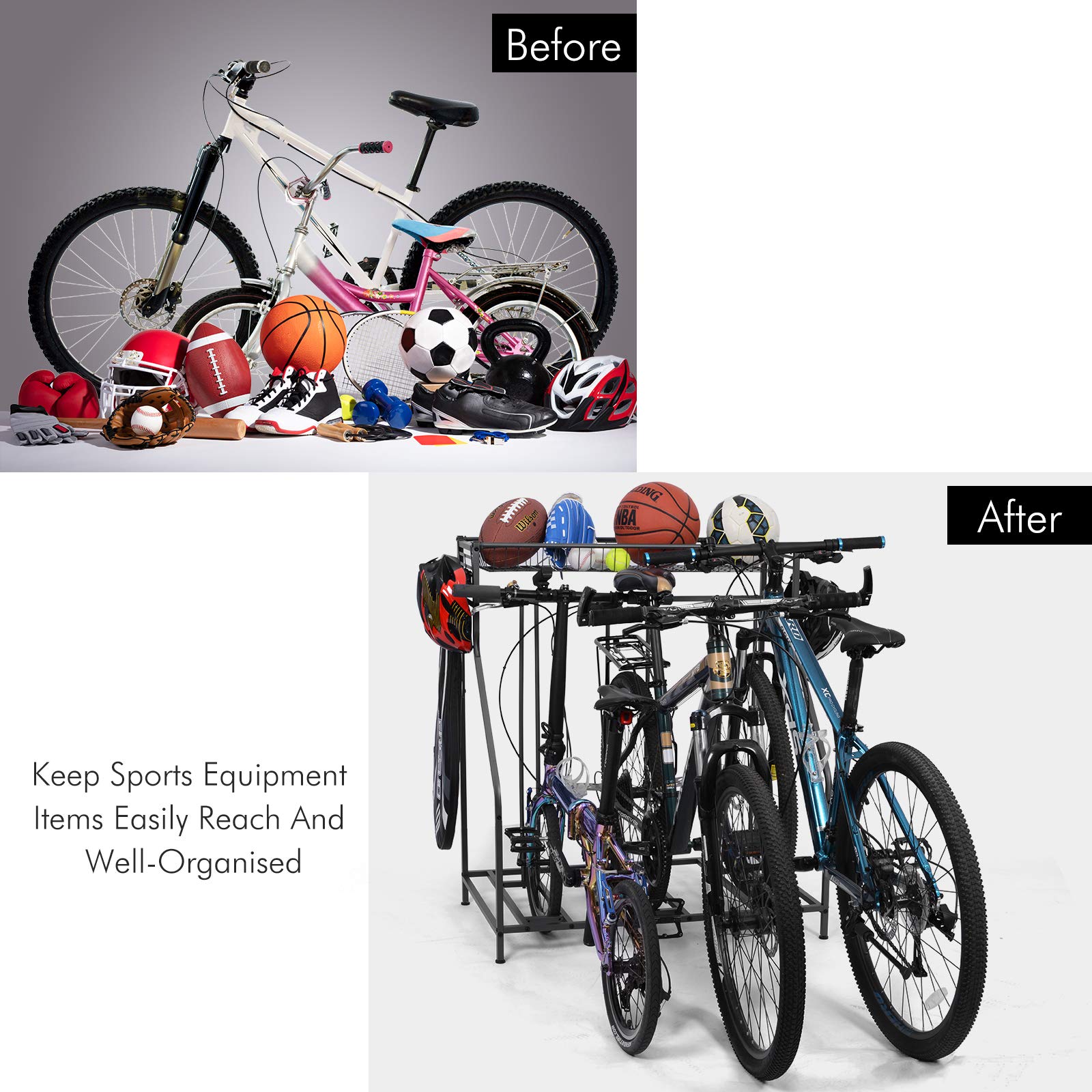 Garage Bike Rack - Heavy Duty Free Standing Bicycle Parking Stand for Mountain, Hybrid & Kids Bikes | Adjustable Bike Slot with 3 Stands & 6 Hooks | Sports Equipment Storage Solution for Home, Garage & Outdoor Use