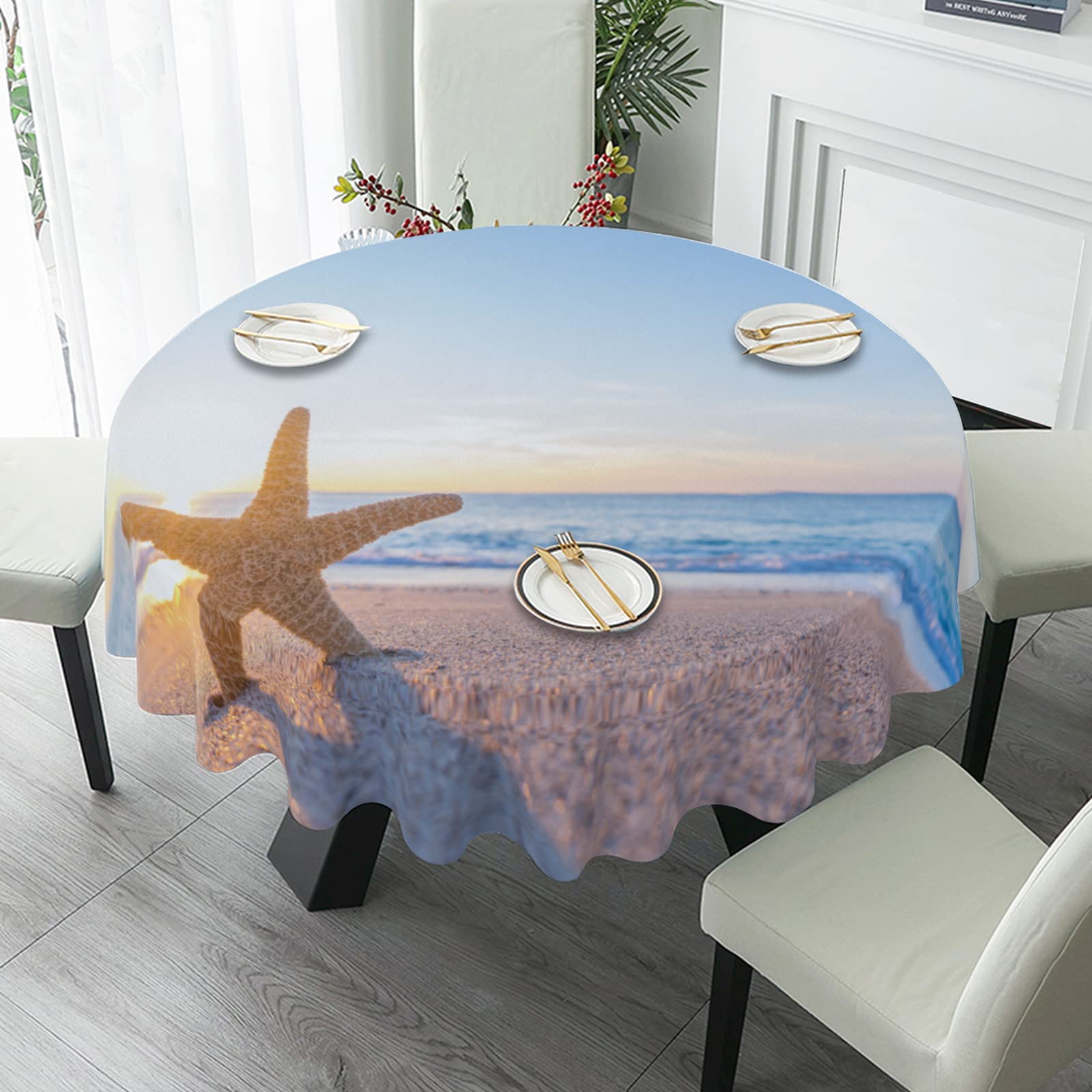TropicalLife Starfish Beach Round Tablecloth 60 Inch - Washable Polyester Sunrise Design for Kitchen, Party, Coffee Bar & Dining Table Decor | Perfect for Coastal Themed Events, Summer Gatherings & Beach House Dining