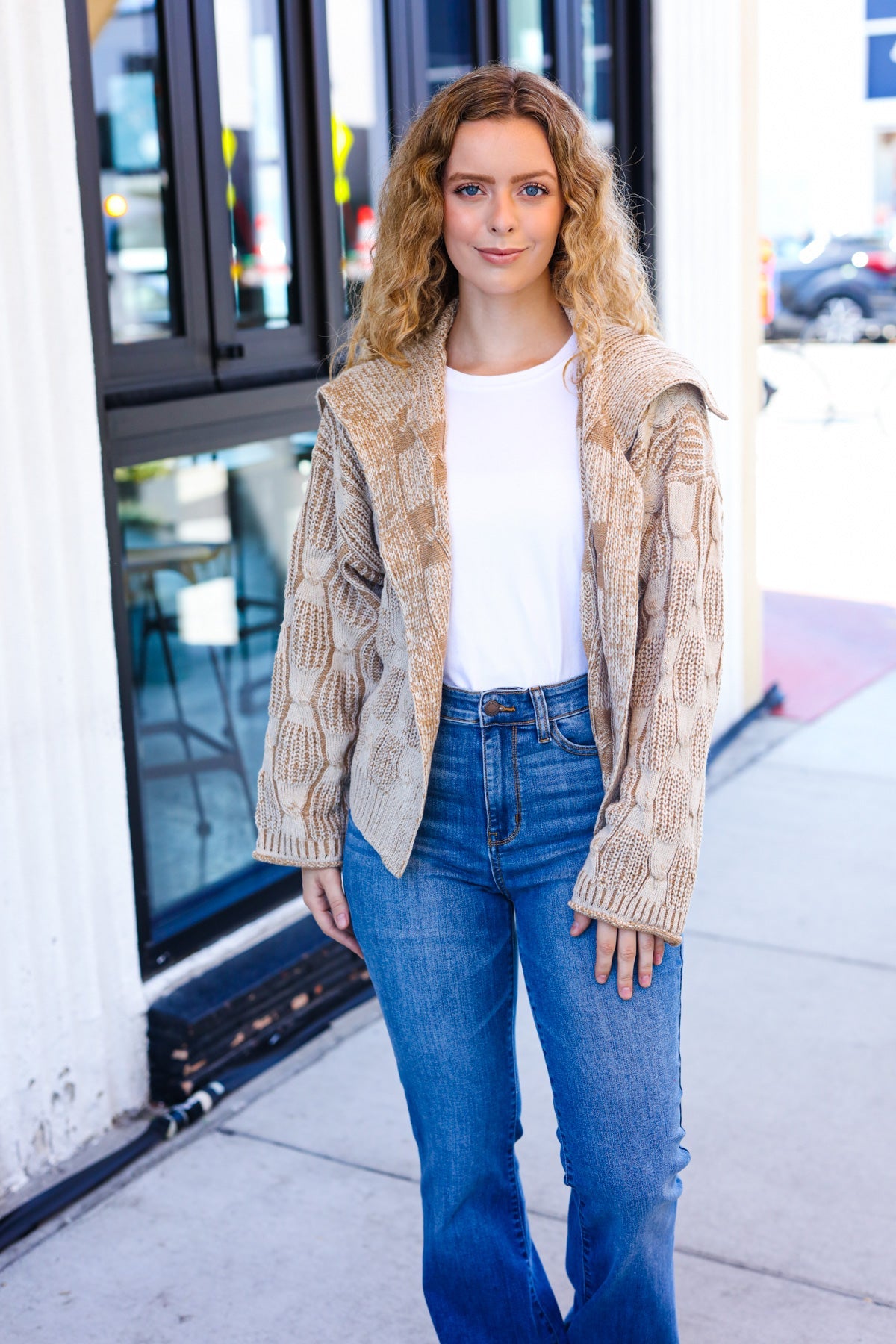 Cozy Taupe Textured Cable Knit Collared Cardigan for Women | Autumn Fall Sweater | Perfect for Layering, Office Wear & Casual Outfits