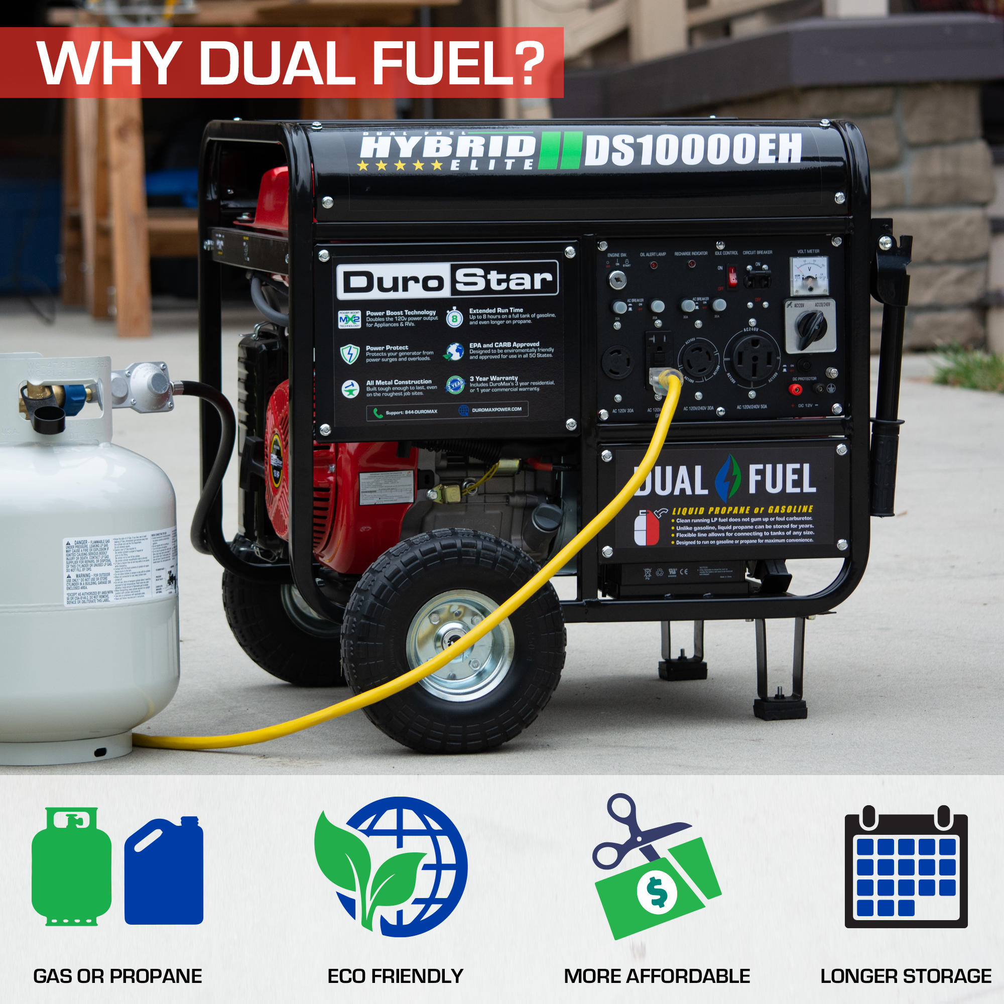 10,000 Watt Dual Fuel Portable Generator - Gas & Propane Powered for Home Backup, Camping & Outdoor Use