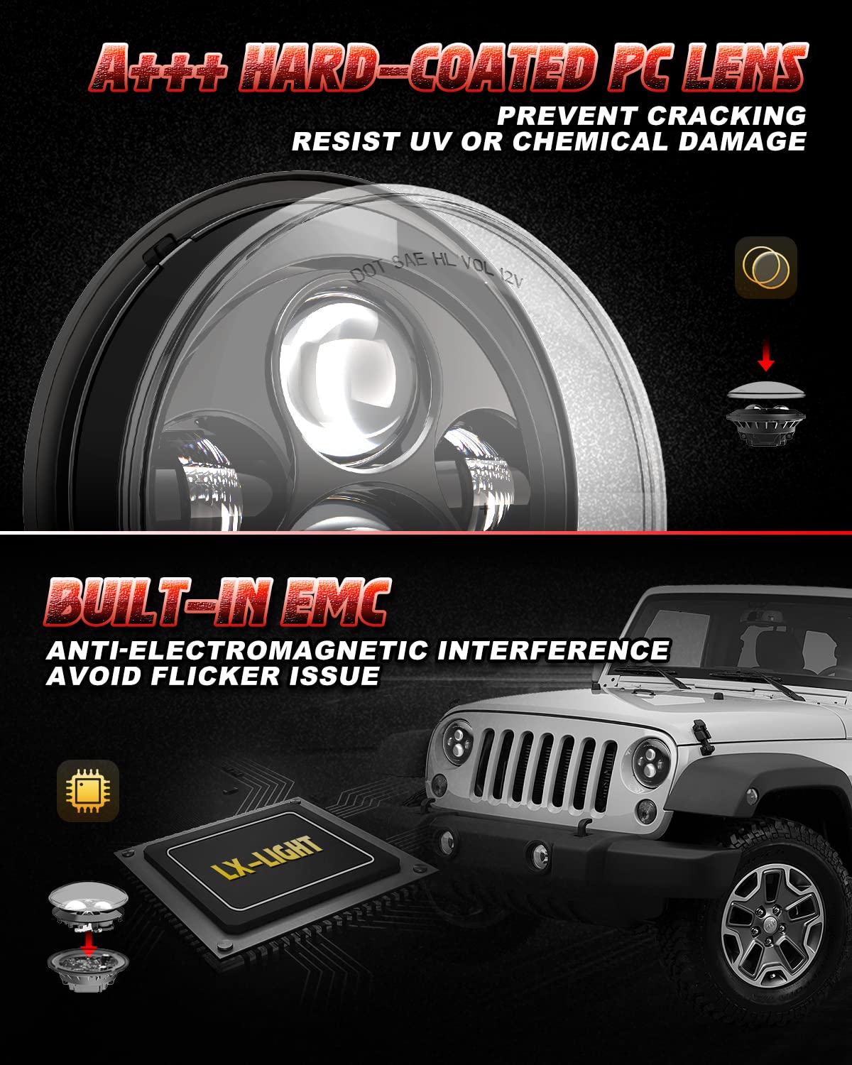 LX-LIGHT DOT Approved 7'' Black LED Headlights & 4'' LED Fog Lights Kit for Jeep Wrangler JK TJ LJ (1997-2017) - Off-Road Adventure & Night Driving Upgrade