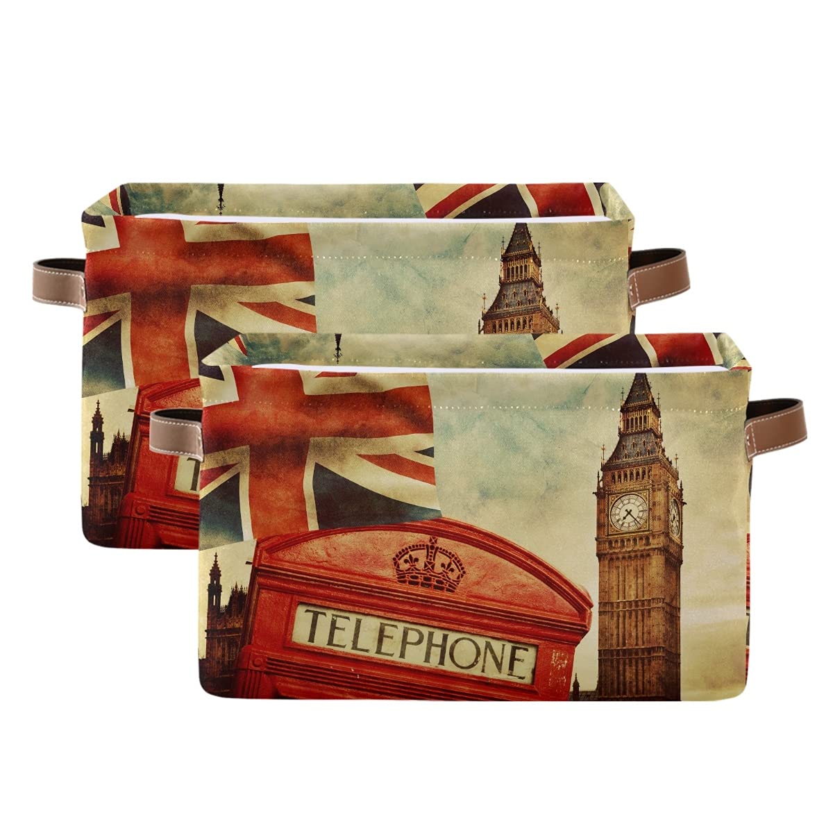 London UK Flag Telephone Booth Storage Bin Basket - Big Ben Union Jack Collapsible Storage Cube with Handles | Rectangle Storage Box for Shelf, Closet, Nursery, Bedroom & Home Office (1 Pack) | Perfect for British-Themed Decor & Kids Toy Organization