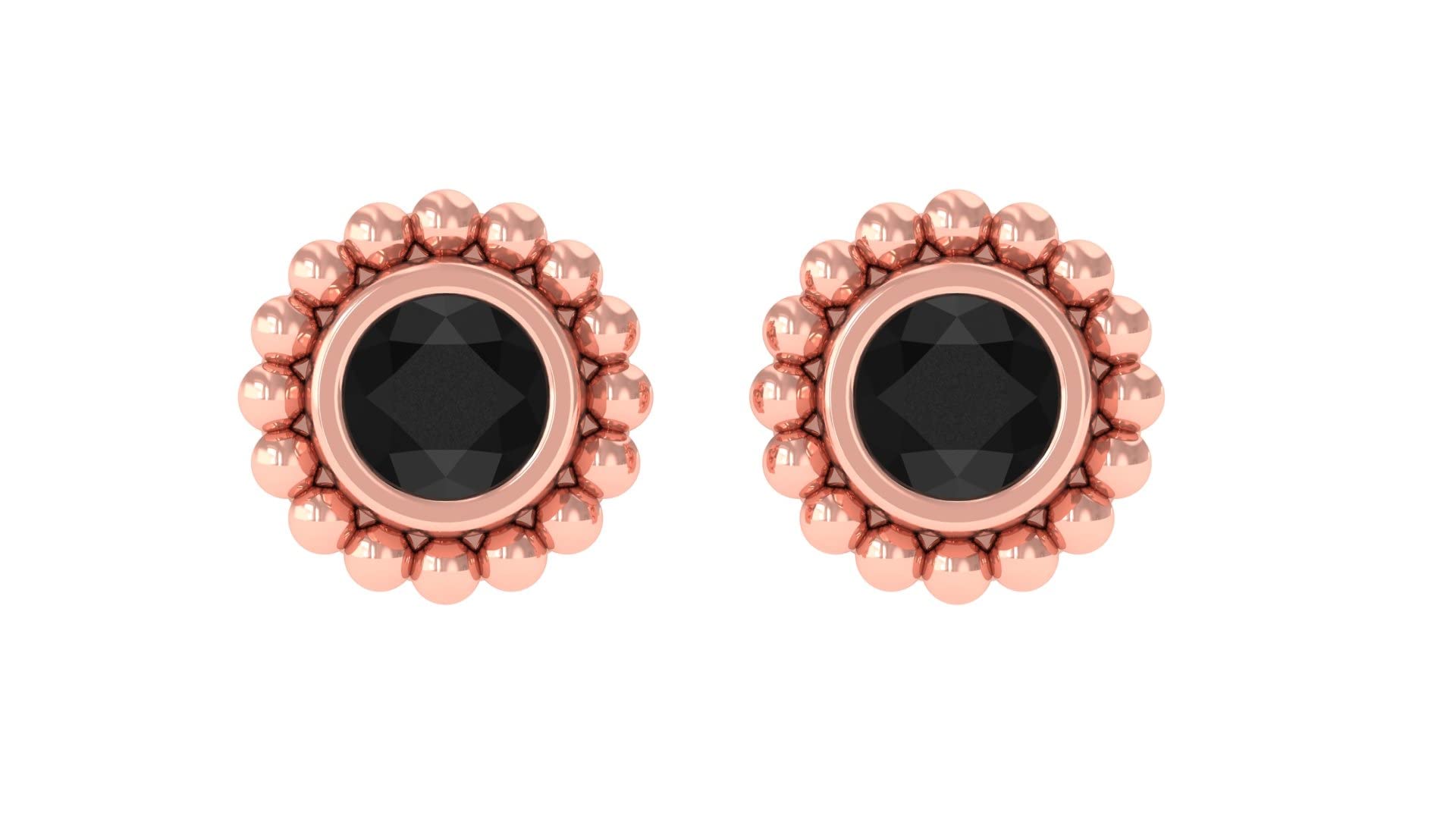 14K Solid Gold Black Spinel Stud Earrings for Women - August Birthstone Bezel Set Solitaire Earrings with Gold Beaded Detail | Perfect for Birthdays, Anniversaries & Special Occasions