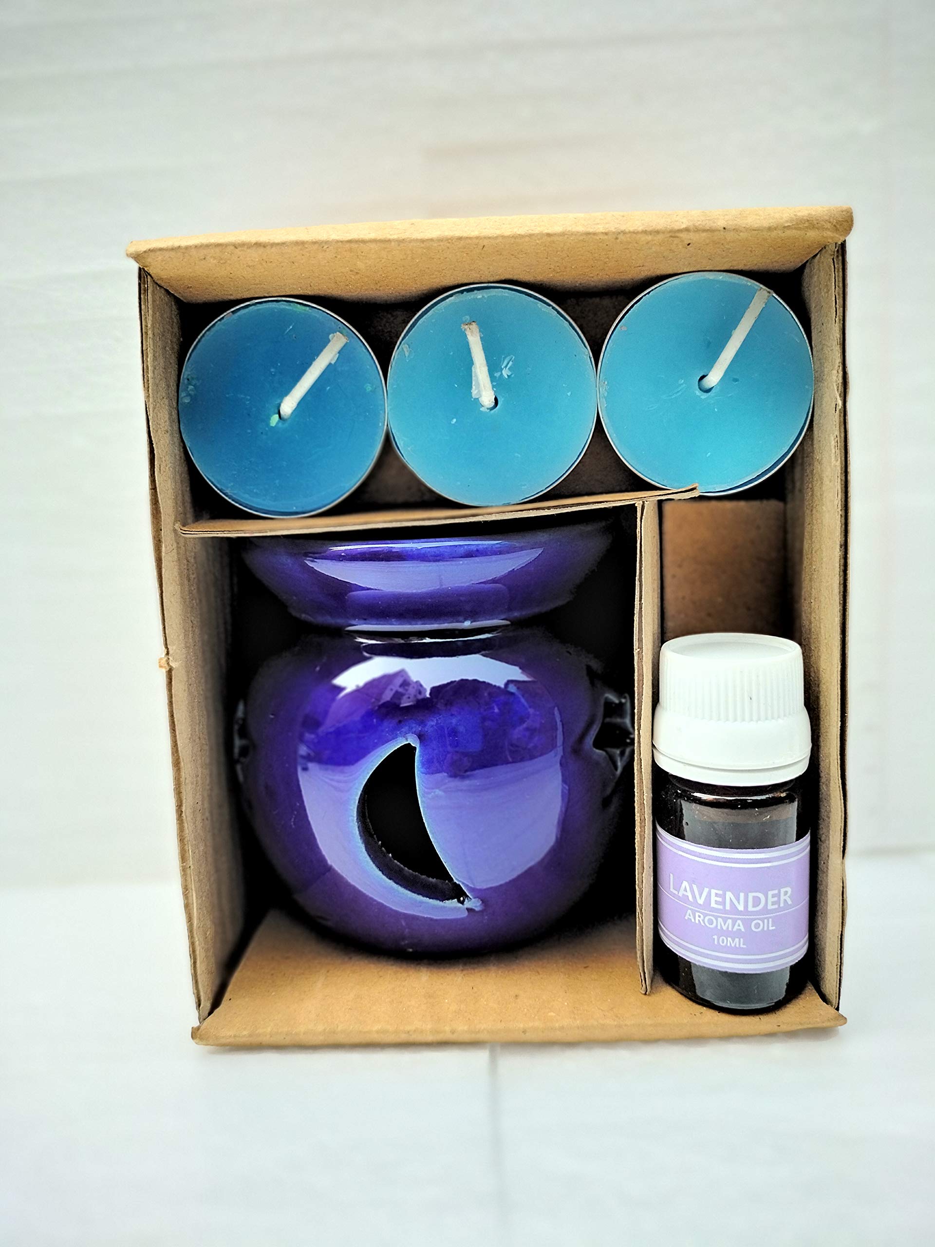 Bharti Ceramic Aroma Oil Diffuser with Lavender Fragrance & 3 Candles - Home Decor Essential Oil Warmer for Relaxation, Yoga & Spa - Perfect Gift Set for Aromatherapy Lovers
