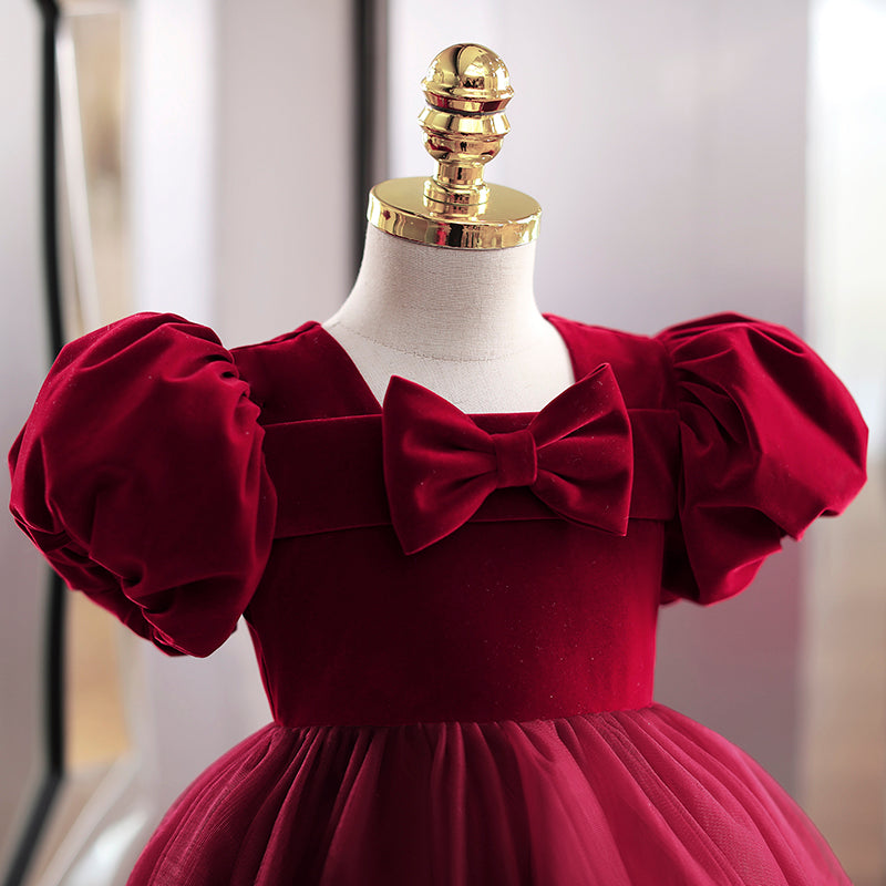 Burgundy Velvet Tulle Princess Flower Girl Dress with Bow Puff - Perfect for Weddings, Pageants & Special Occasions