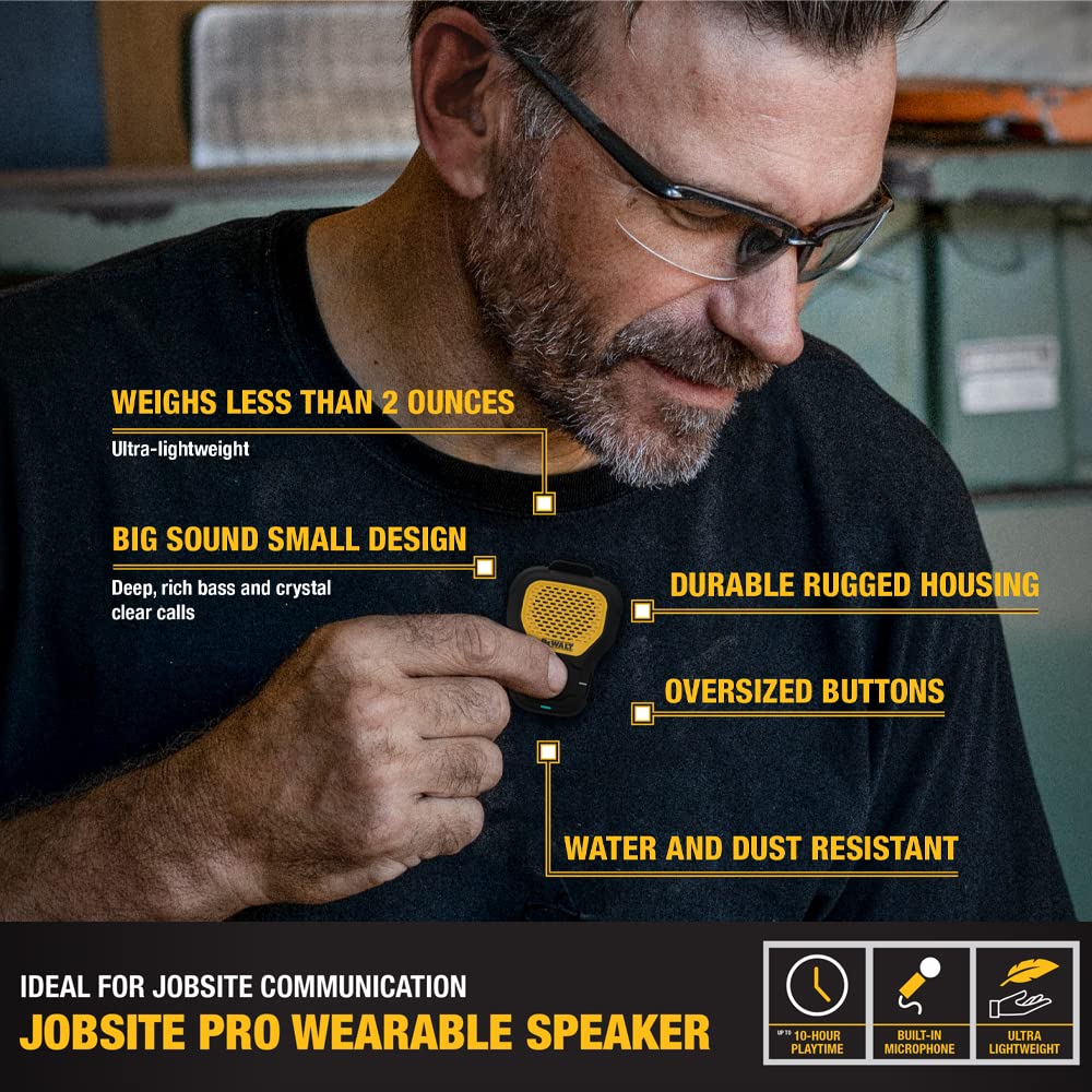 DEWALT Wearable Bluetooth Speaker with Magnetic Clip - Waterproof Wireless Speaker for Jobsite, Outdoor & Work - Built-in Mic for Hands-Free Calls & Music - Perfect for Construction, Hiking & DIY Projects