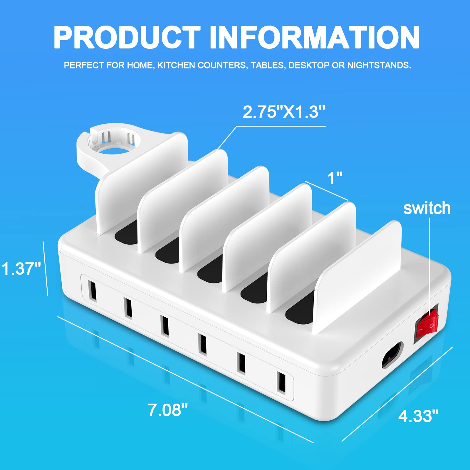 50W 6-Port USB Charging Station with 6 Cables - Fast Multi-Device Charger for iPhone, Android, iPad, Tablet, Kindle & Apple Watch | Perfect for Home, Office & Travel Organization