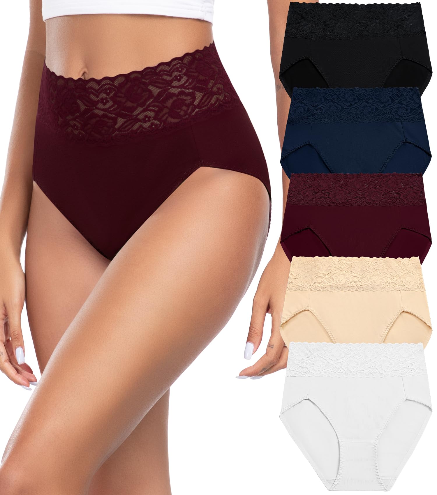 Wealurre Women's Cotton Bikini Panties - High Waisted Lace Hipster Stretch Briefs - 5 Pack Soft Underwear for Everyday Comfort | Perfect for Work, Yoga & Lounge Wear
