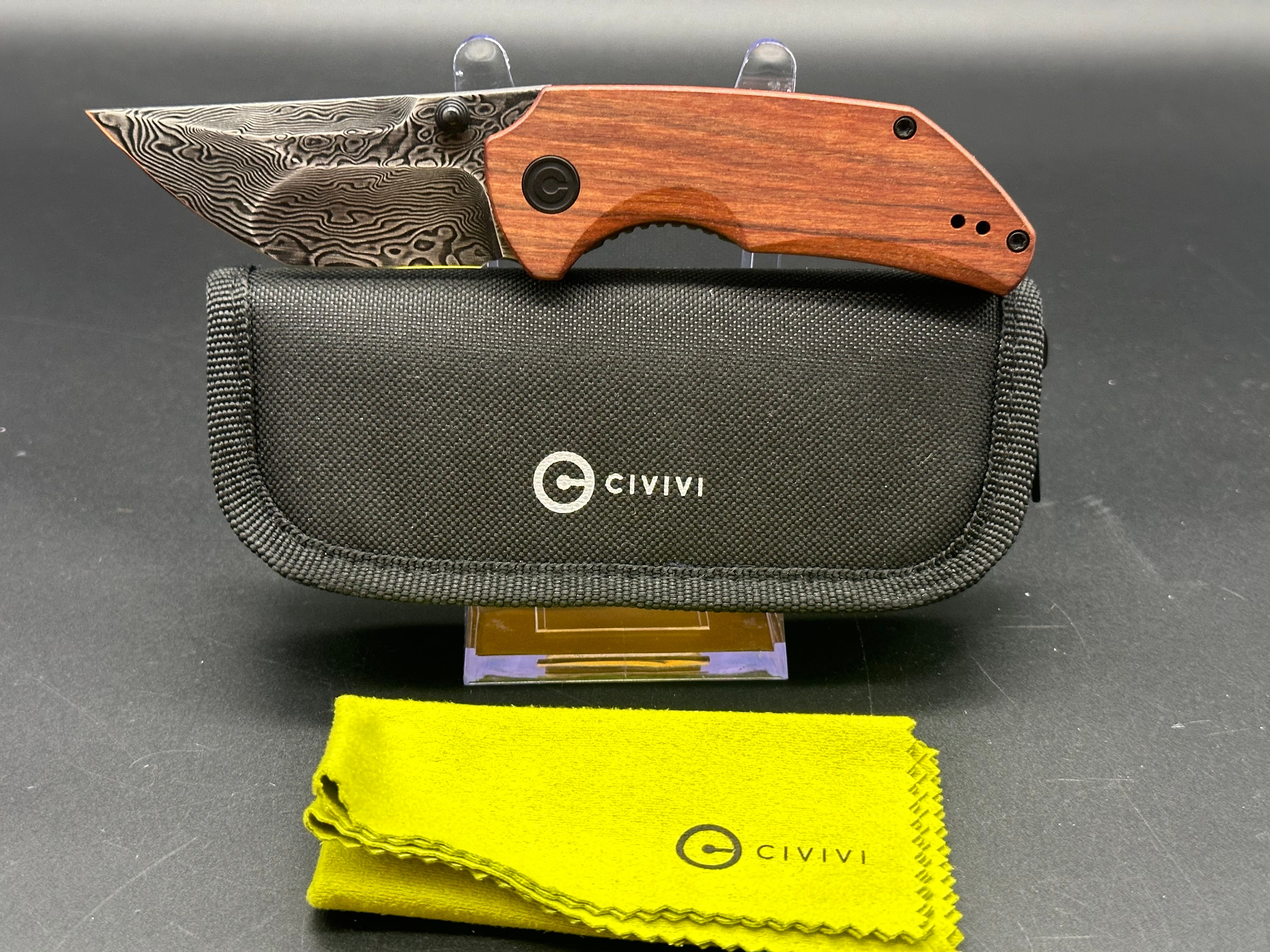 CIVIVI THUG 2 Folding Knife - Damascus Steel Tanto Blade, Cuibourtia Wood Handle, Plain Edge with Black Hand-Rubbed Finish (C20028C DS1) - Perfect for EDC, Camping, Hunting & Outdoor Adventures